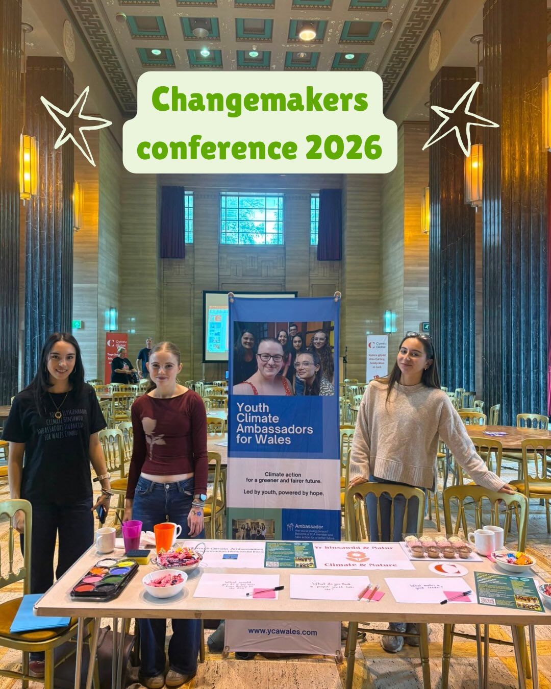 Yesterday some of our members attended the incredible change makers conference, which was organised by @cymru_global and held in the @templeofpeacewales . We had our own stall where we asked the young people in attendance “What would you do if you were prime minister for a day?”, “What makes a good leader?” and “What would a perfect world look like?” and we were very impressed with both sthe creativity that the children had and their knowledge about global crises. We learnt about the incredible work that @keepitfaxcharity does, and had an amazing workshop with @karinaismsillustration #youthwork #climatecrisis #climateaction #youthclimateleaders #wales
