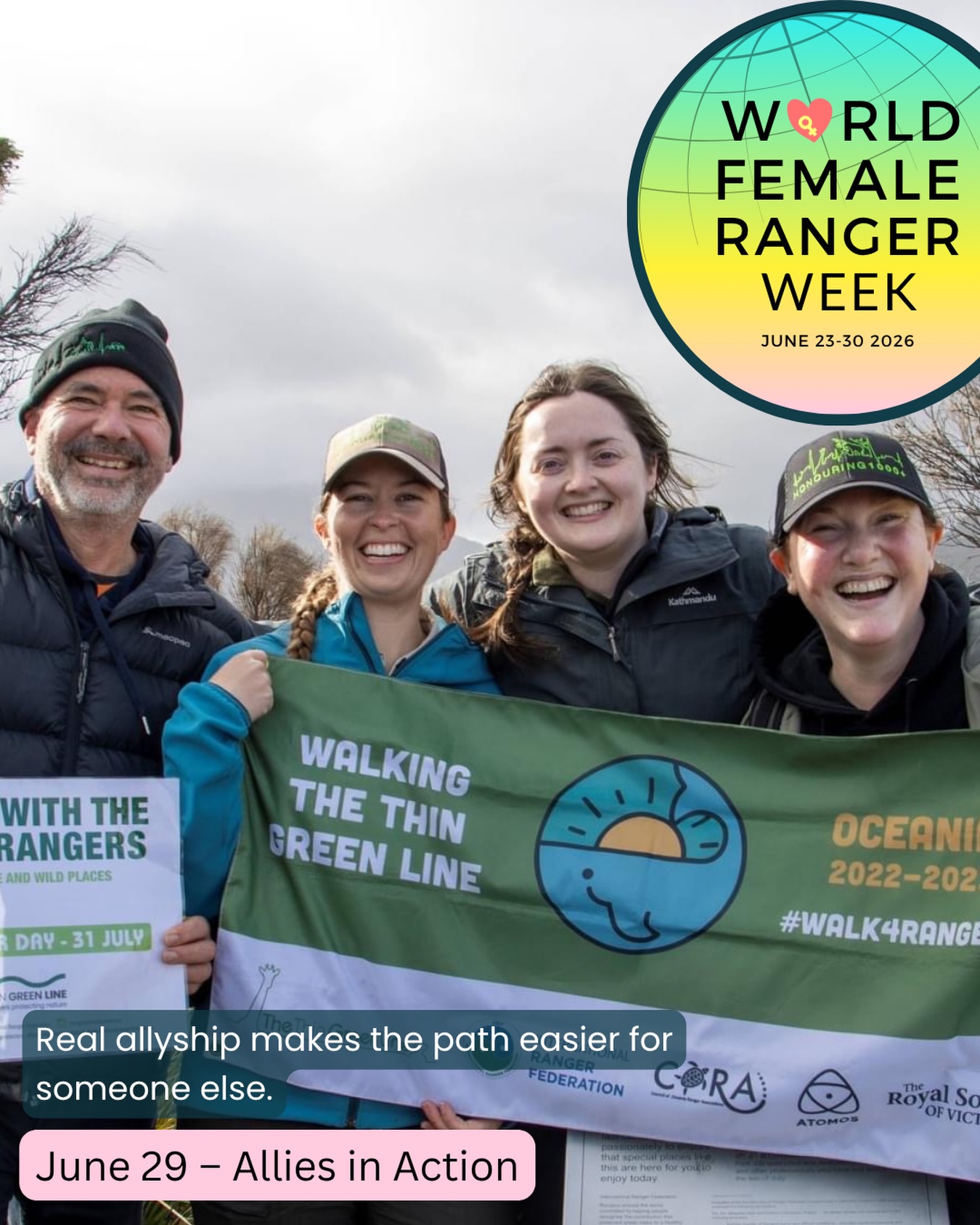 🌿 World Female Ranger Week – Day 7
Allies in Action
“Real allyship makes the path a little easier for someone else.”
When I first saw today’s theme, I found it surprisingly difficult.
I could have chosen a photo of a supportive male colleague.
Or an inspiring female mentor.
Instead, I kept coming back to something I’ve learnt through my work with the Thin Green Line and the International Ranger Federation.
Allyship isn’t about who gets the credit.
It’s about using whatever influence you have to make the path a little easier for someone else.
I’ve watched the Thin Green Line support rangers through hardship, create opportunities through programs like the Desert Women’s Leadership Program and Lead Ranger, and continually ask one simple question:
“Are we putting rangers first?”
From the very beginning of my Walking the Thin Green Line Oceania expedition, I found myself coming back to that same question. It became my compass whenever decisions became difficult or the bigger picture started to get lost.
Without even realising it, I carried it into my role as the International Ranger Federation’s Oceania Representative. Whenever I’m faced with difficult decisions, differing perspectives or competing priorities, I come back to it.
Am I putting rangers first?
Am I making the path a little easier for female rangers?
For Indigenous rangers?
For community rangers?
For the next person stepping into this profession?
Looking back over this week, that’s the thread connecting every story I’ve shared.
Women supporting women.
Communities supporting rangers.
Organisations supporting conservation.
Rangers supporting one another.
Because conservation has never been about one person.
It’s always been about people walking alongside each other.
Thank you to everyone who has followed along this week, and to the women whose stories continue to inspire me.
Let’s keep putting rangers first.
Everything else will follow.
@worldfemalerangerweek
#WorldFemaleRangerWeek #AlliesInAction #InternationalRangerFederation #ThinGreenLine #femalerangers