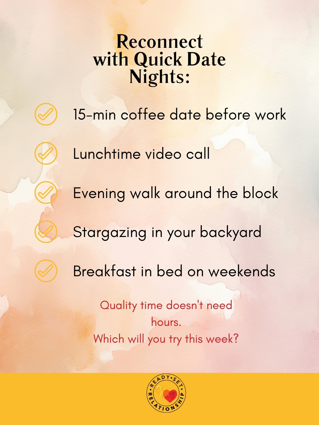 Ready for the holiday weekend? It's a great time to reconnect with your partner, which can be as simple as pausing to reflect on what brought you together in the first place. This slide and those below offer some tips to help reignite that spark:
1. Plan a Date Night: Set aside time for just the two of you. Whether it’s a fancy dinner or a cozy night in, quality time is key. 🍽️❤️
2. Communicate Openly: Share your thoughts and feelings. Listening is just as important as talking! 🗣️💬
3. Try Something New Together: Whether it's a dance class, cooking a new recipe, or exploring a new place, new experiences can strengthen your bond! 🌍🕺
4. Reflect on Memories: Look through old photos or reminisce about your favorite moments together. Nostalgia can be powerful! 📸💭
5. Express Appreciation: Let your partner know what you love about them. A little gratitude goes a long way! 🙏💖
Remember, every relationship has its ups and downs, but with effort and love, you can always find your way back to each other. 💑
#RelationshipGoals #Love #Reconnect #CoupleTime #Communication #Togetherness