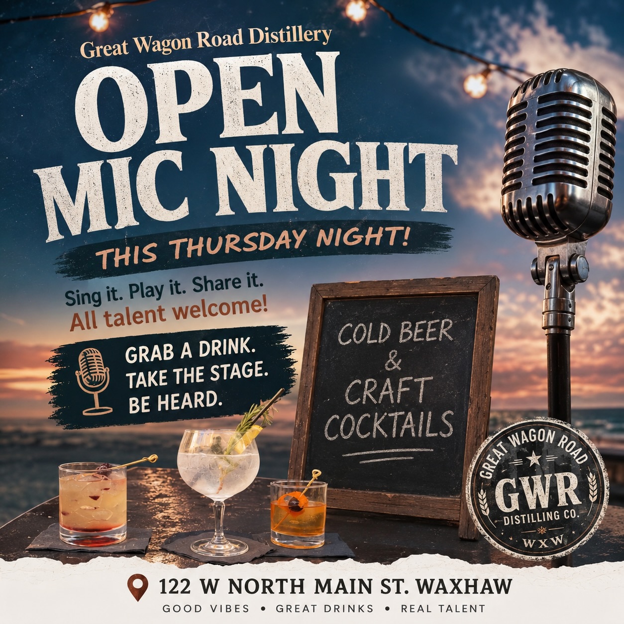 🎤 OPEN MIC NIGHT IS HERE! 🎤
The stage is set, the drinks are cold, and all that’s missing is YOU.
Whether you’re a seasoned performer or it’s your first time grabbing the mic, tonight’s the perfect night to sing, play, tell a story, or just cheer on some incredible local talent.
🍹 Craft Cocktails
🍺 Cold Beer
🎶 Live Local Talent
🎤 Open Mic Starts Tonight!
Bring your friends, grab a drink, and let’s make it a night to remember.
📍 Great Wagon Road Distillery
122 W. North Main St. • Waxhaw
Great Wagon Road, Waxhaw — where the cool kids hang out. 🤠
#OpenMicNight #WaxhawNC #GreatWagonRoad #SupportLocalMusic #LiveMusic