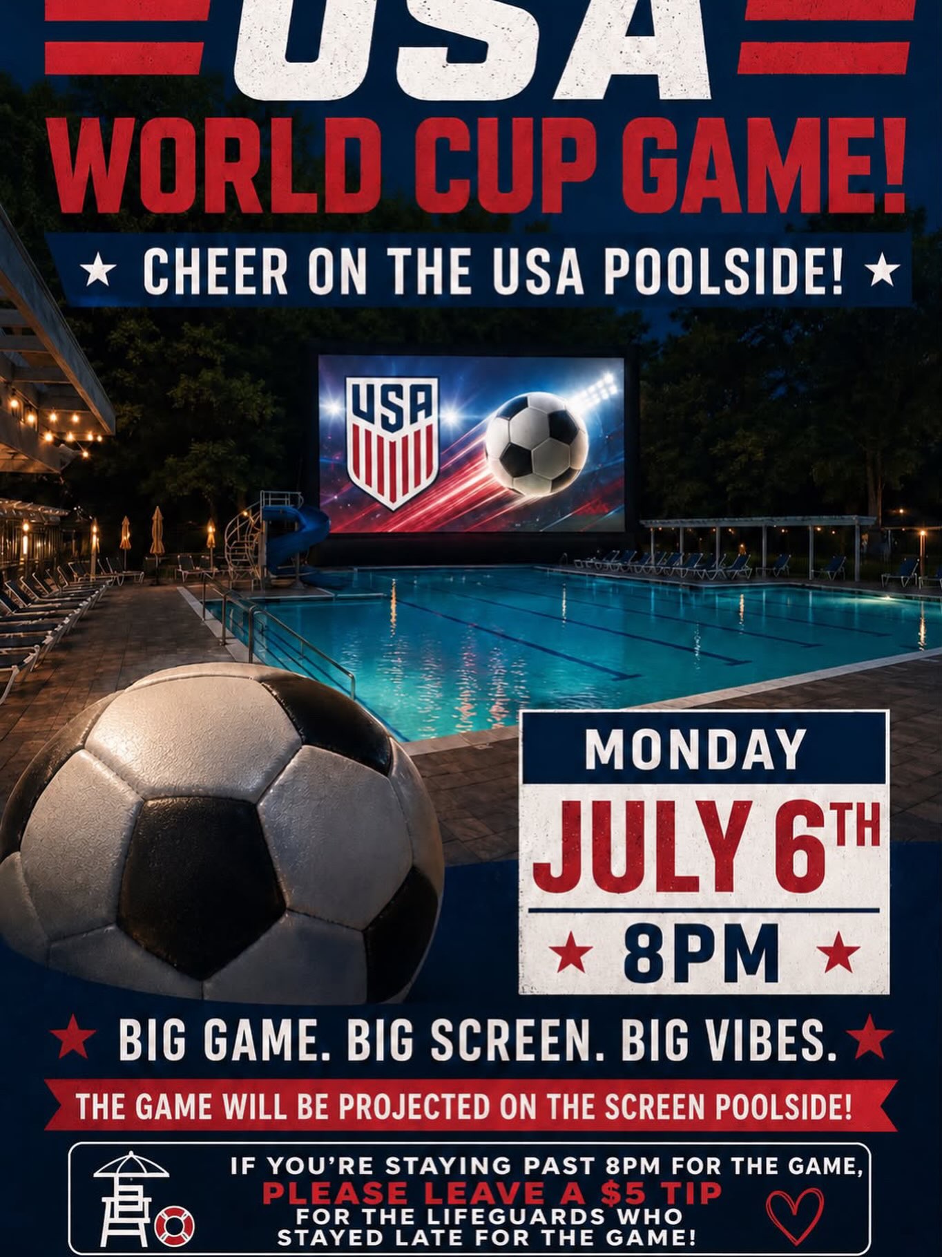 Join us for an impromptu late night swim THIS Monday! To stay past 8pm please leave a tip for Bo and Carson - our lifeguards who volunteered to stay late after their shift last minute to make this event happen 😎⚽️🇺🇸 *The pool will close at 10pm.*