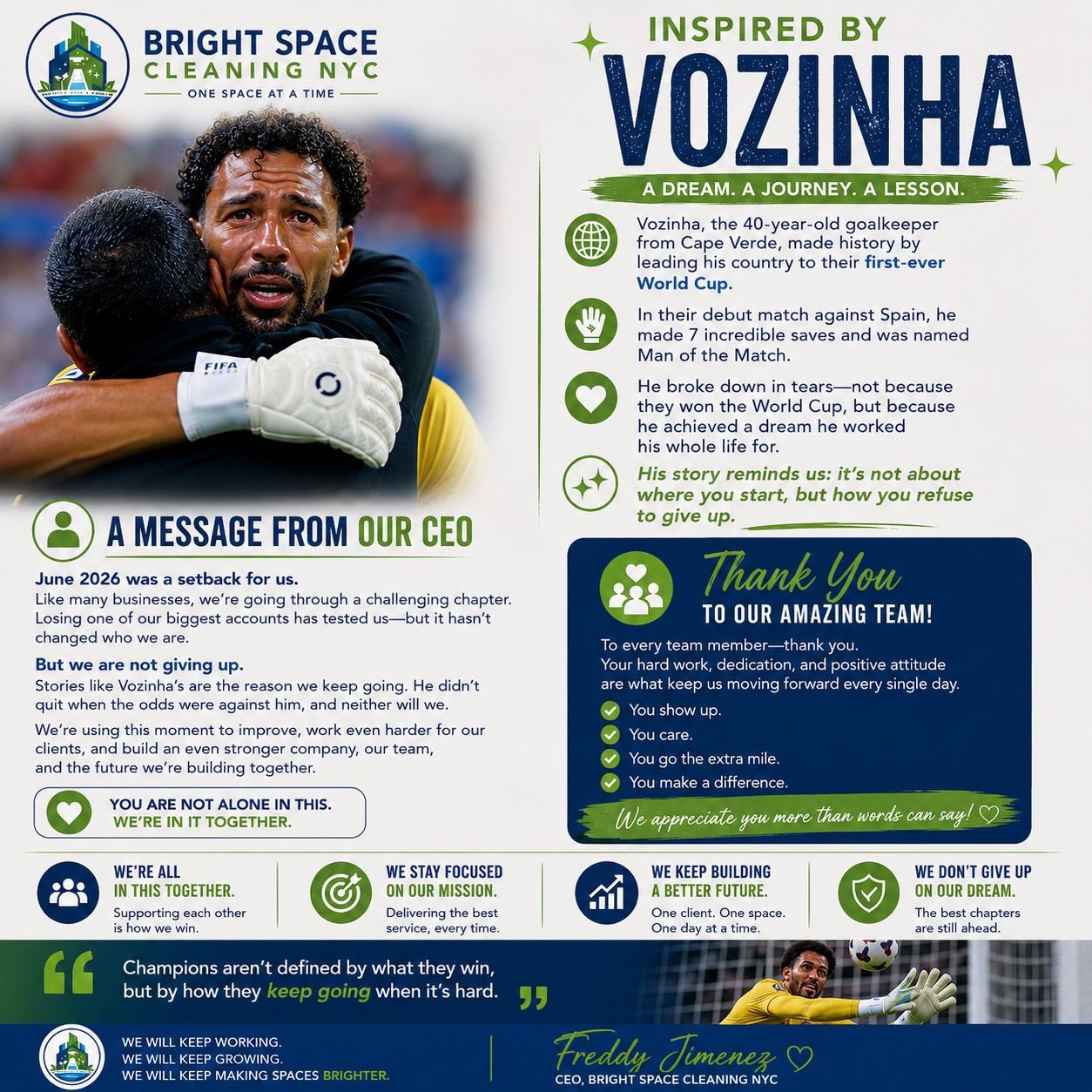 Every setback carries a lesson.
This month challenged us in ways we never expected, but stories like Vozinha’s remind us that success isn’t defined by where you start or how many obstacles you face—it’s defined by the decision to keep going.
To our incredible Bright Space Cleaning NYC team: thank you for showing up every day with dedication, professionalism, and heart. Your hard work doesn’t go unnoticed, and we’re proud to face every challenge together.
The best chapters are still ahead. 💙💚
#BrightSpaceCleaning #NeverGiveUp #Teamwork #Leadership #KeepGoing