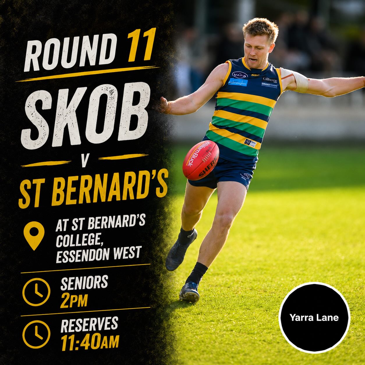 SKOB travels out to St Bernardโs tomorrow for our Round 11 clash! Get along to support!!
Proudly sponsored by @yarralanegroup
#goSKOB๐๐๐
