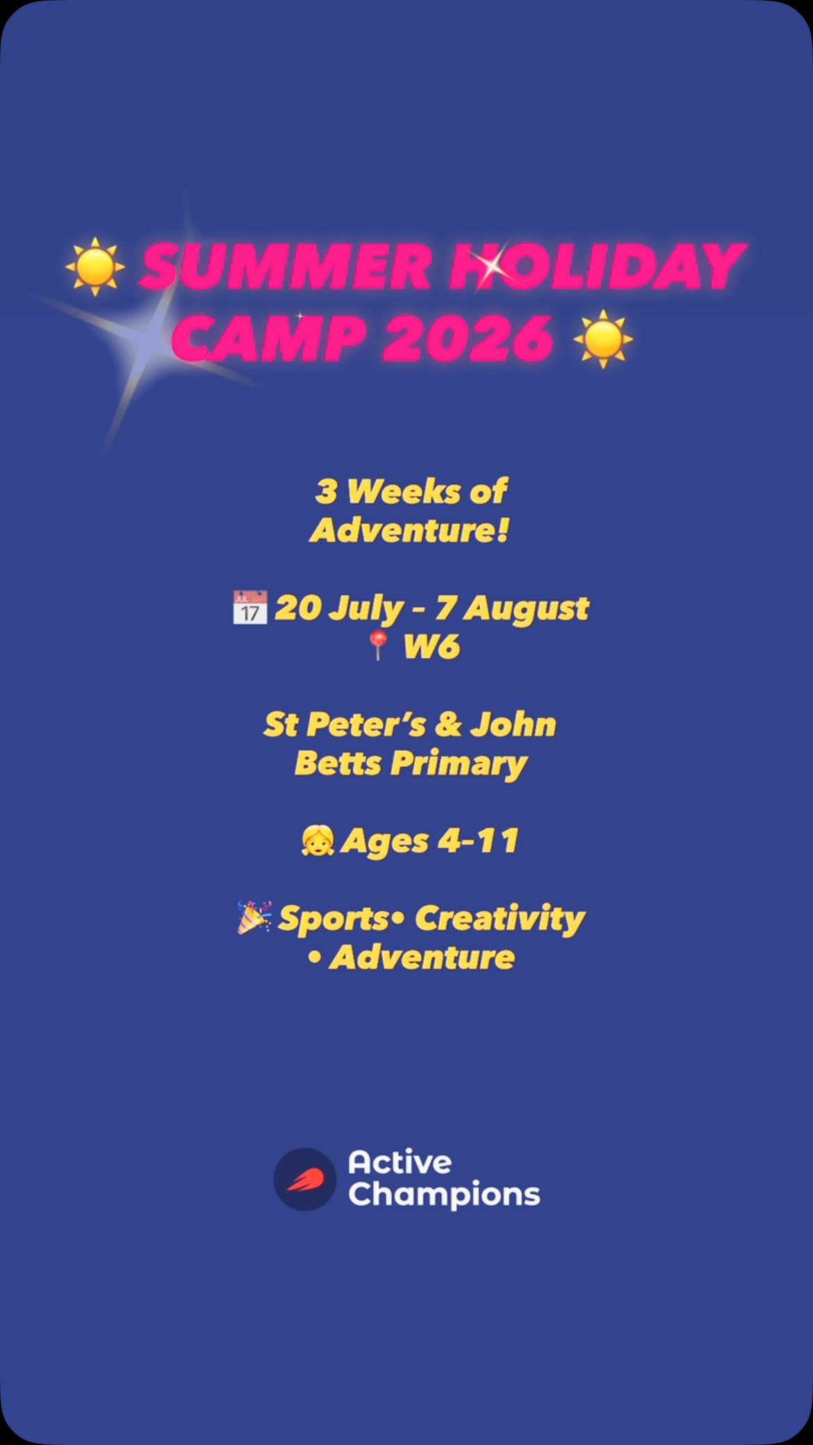 βοΈ SUMMER IS CALLINGβ¦ and so is ADVENTURE! π
Looking for an unforgettable summer holiday for your child?
At Active Champions Summer Camp, every day is packed with exciting activities that keep children active, creative and smiling from start to finish!
π 3 weeks of adventure
π St Peterβs CE Primary School, W6
π
20β24 July | 27β31 July | 3β7 August
π John Betts Primary School, W6
π
27β31 July
π§ Ages: 4β11 years
β° Core Day: 8:30amβ3:30pm
π Early drop-off and late pick-up available
What can your child expect?
β½ Team Sports
πΎ Tennis
π€Έ Gymnastics
πͺ Circus Skills
π³ Forest School Adventures
π§ͺ Science Activities
π¨ Arts & Crafts
π§ Baking
π§ Yoga
π Drama
β¨ Created by experienced teachers, our camp is designed to give children the perfect balance of learning, creativity, adventure and sport in a safe, welcoming environment.
π Where Every Child Is a Champion!
ποΈ Spaces are limited, so book early to avoid missing out.
π² Book now via the link in our bio.
#ActiveChampions #SummerCamp #HolidayCamp #Hammersmith W6 WestLondonKids SchoolHolidayActivities PrimarySchool