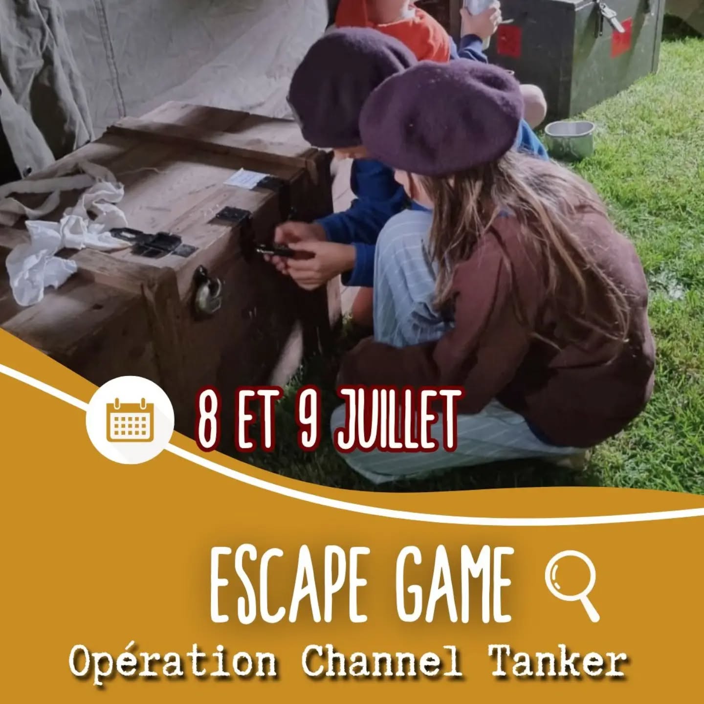 🔎 Escape Game – Opération secrète !
👀 Votre mission : tentez de savoir ce qui est réellement arrivé au Tanker coulé au large de Luc-sur-Mer en 1944.
A-t-il chaviré à cause de la météo ou a-t-il été abattu pour avoir transporté des secrets alliés ?
🗝️ En équipe, remontez le temps pour résoudre des énigmes et vivre une expérience immersive entre histoire et réflexion.
Mercredi 8 juillet
De 11h à 18h (départ toutes les heures)
Jeudi 9 juillet
De 10h à 17h (départ toutes les heures)
👨👩👧👦A partir de 8 ans
10 places par séance
📌Rdv à la salle du Parc de la Baleine, Luc sur Mer
⏱️45 mn de jeu - séance à 11h, 14h, 15h30, 17h, 18h30, 20h30
Places limitées — réservez vite 👉
🚨𝐈𝐧𝐟𝐨𝐬 & 𝐑𝐞́𝐬𝐚𝐬 :
📩 resa.groupe.goplay@gmail.com
📞06 42 05 30 87
5€/pers. paiement sur place (pas de CB)