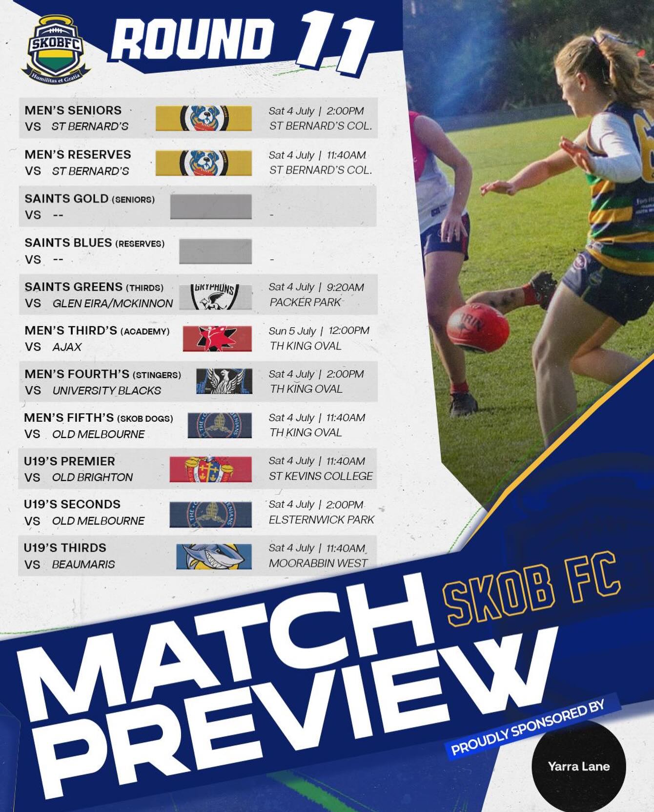Only seven teams in action this week, Saints Golds & Blues with a bye.. U19 Premier back in familiar surrounds, Thirds Academy with the Sunday game!
*U19 Seconds & U19 Thirds also have a bye!
Get down and support!
Proudly sponsored @yarralanegroup
#goSKOB๐๐๐