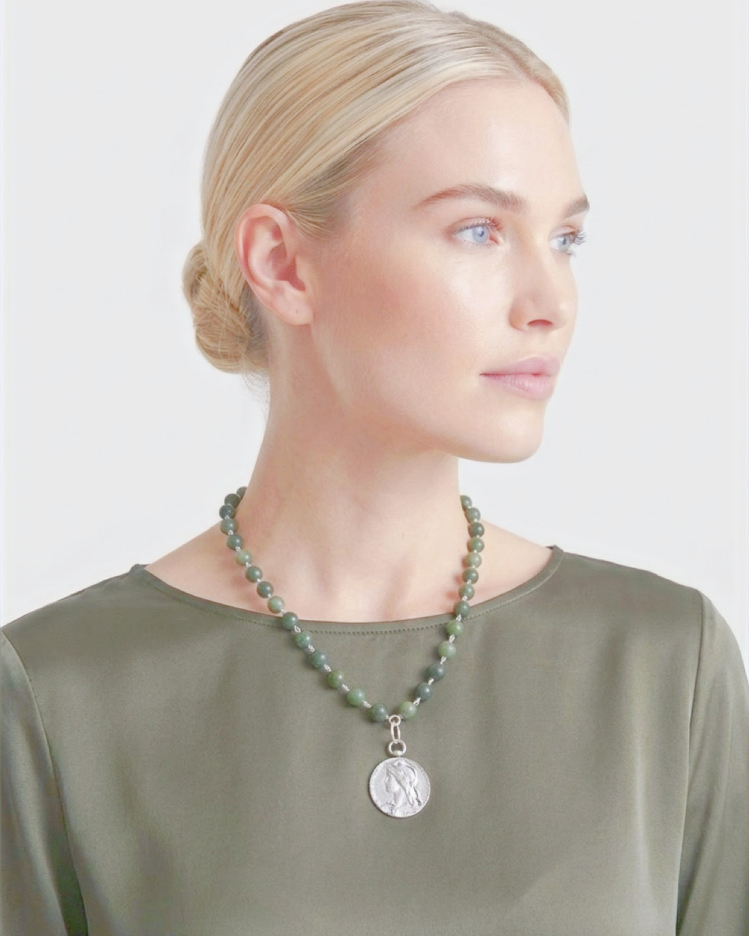 Liberté de Jade — luminous natural green jade, hand-linked sterling silver, and a historic Marianne medallion. An heirloom-worthy statement that moves with you. Adjustable 20"–24". Link in Bio #LibertéDeJade #JadeJewelry #Handcrafted #QuarryAtelier #LayeringNecklaces #JewelryDesign