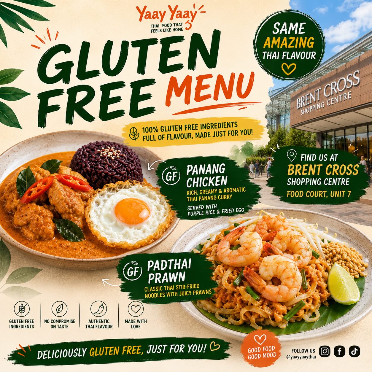 🌿 Gluten-Free, Full Thai Flavour! 🇹🇭
Craving authentic Thai food without gluten? We’ve got you covered!
✨ Panang Chicken – Our rich and creamy Panang curry, served with purple rice & a crispy fried egg.
🍤 Pad Thai Prawn – Thailand’s favourite stir-fried rice noodles with juicy prawns, packed with authentic flavour.
No compromises. Just delicious Thai food made with gluten-free ingredients.
📍 Available now at Yaay Yaay
Brent Cross Shopping Centre – Food Court, Unit 7
Come and enjoy your Thai favourites, now in gluten-free!
#YaayYaayThai #GlutenFree #GlutenFreeLondon #BrentCross #BrentCrossShoppingCentre ThaiFood ThaiFoodLondon PanangChicken PadThai PrawnPadThai Foodie LondonFood CoeliacFriendly GlutenFreeEats AuthenticThai ThaiCuisine FoodCourt EatLocal LondonEats GlutenFreeMenu