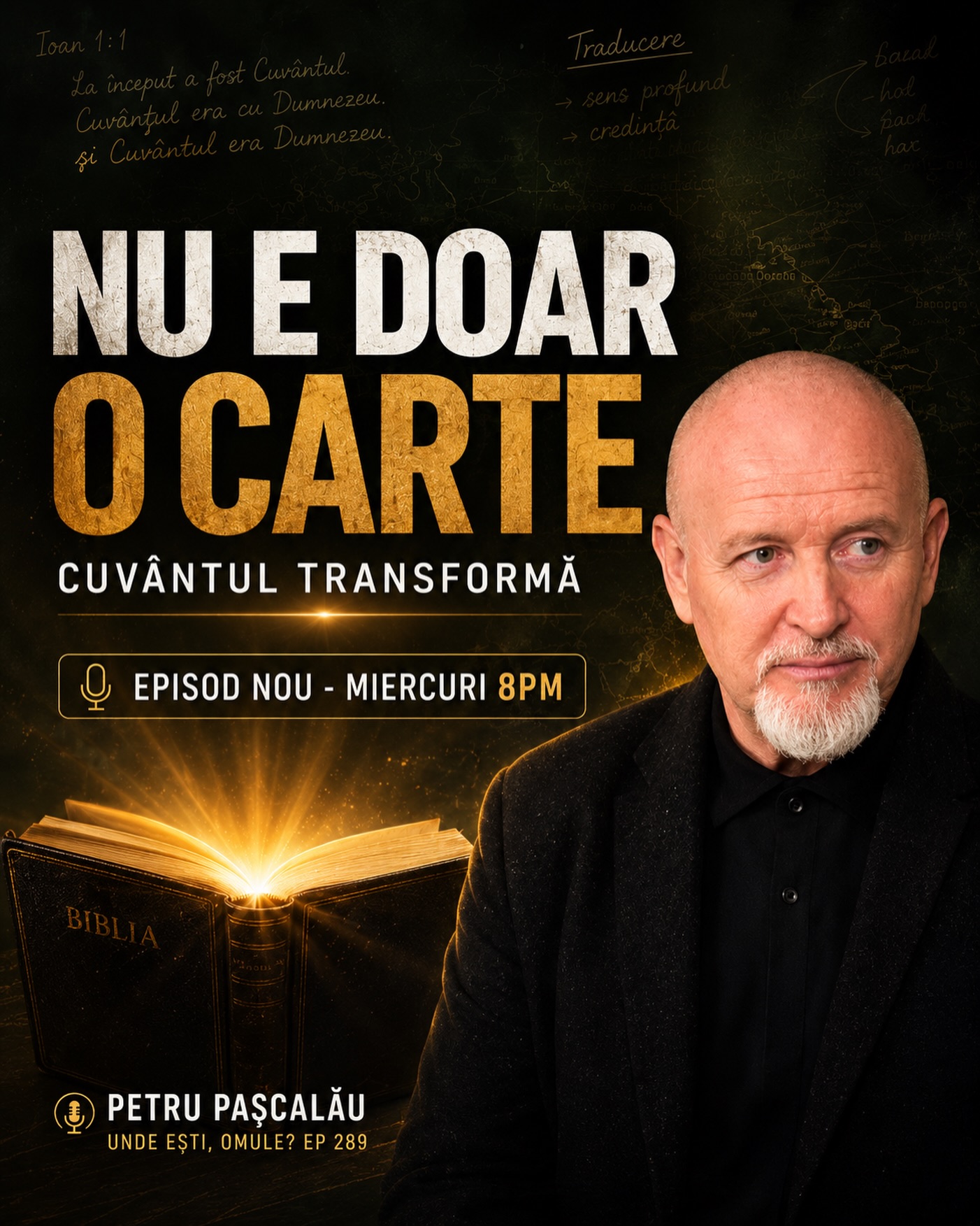 În episodul 289 al podcastului „Unde Ești, Omule?”, îl avem ca invitat pe pastorul și misionarul Petru Pașcalău, implicat în lucrarea Wycliffe România.
Vorbim despre misiune, traducerea Bibliei, comunități care au nevoie de Scriptură în limba inimii lor, lucrarea printre surzi, nevoia Cuvântului lui Dumnezeu în diferite culturi și felul în care Evanghelia schimbă vieți acolo unde ajunge cu claritate.
Tema episodului:
„Cuvântul lui Dumnezeu care transformă”
Miercuri, 8PM
Podcast: Unde Ești, Omule?
Invitat: Petru Pașcalău