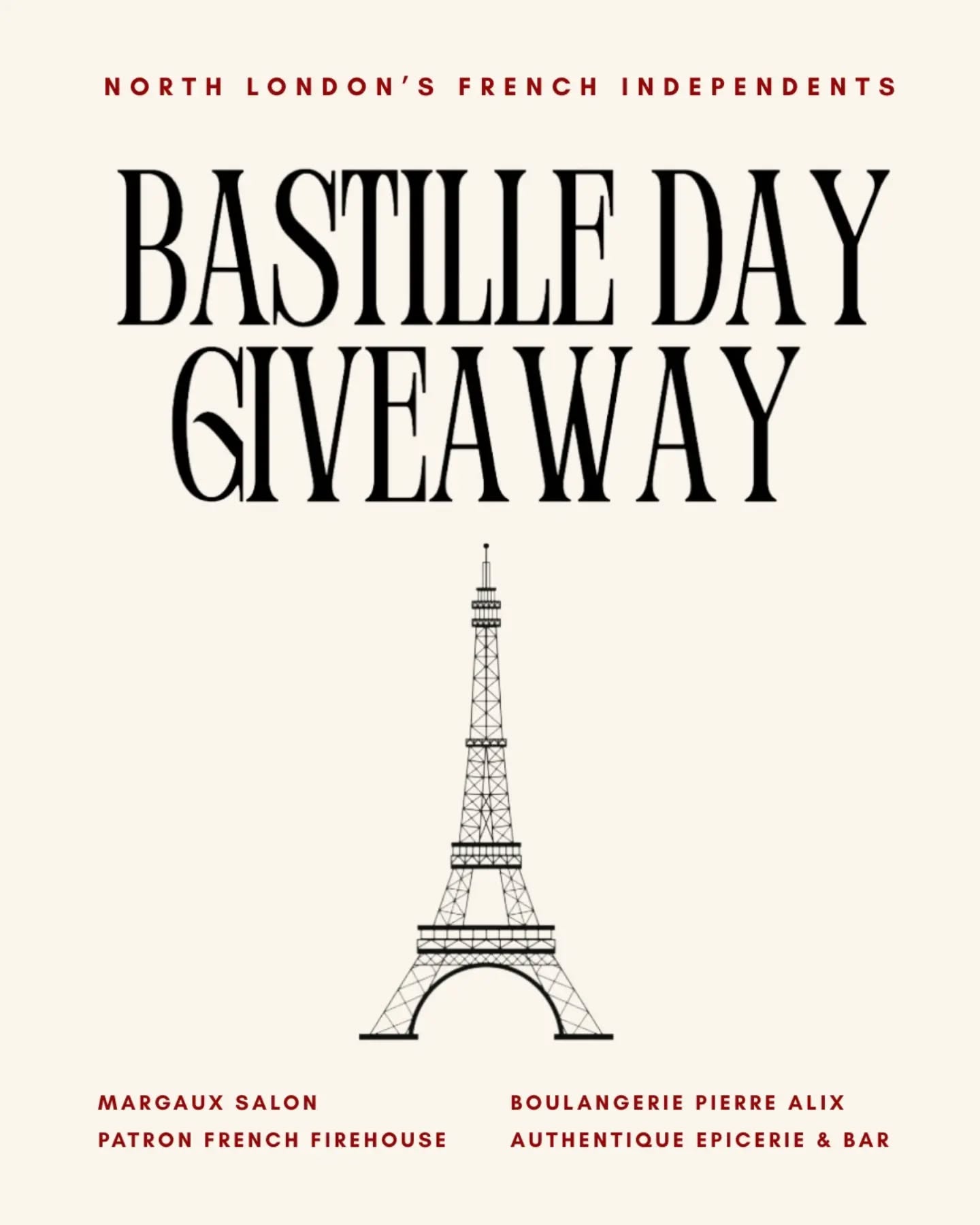Petit Paris in North London 🇫🇷
To celebrate Bastille Day, we have teamed up with some of our favourite local French independents for a very delicious giveaway.
5 lucky winners will receive a French inspired prize from:
@authentiquelondon - 1 wine club voucher worth £45
@patronlondon - 1 £50 voucher
@boulangerie_pierrealix - 2 £30 vouchers
@margauxsalon.london -1 £100 voucher
Think beautiful hair, proper French treats, apéro essentials and a little taste of Paris, right here in North London.
To enter:
1.Follow all participating accounts:
@authentiquelondon
@patronlondon
@boulangerie_pierrealix
@margauxsalon.london
2.Like this post.
3.Tag 1 friend in the comments who would love a little French treat in North London.
Each comment with a different friend counts as 1 entry.
Bonus entry: share this post to your stories and tag us.
Entries close at 23:59 on 14 July 2026.
Winners will be selected at random and announced on 15 July 2026. Winners will be contacted by DM.
Open to UK residents aged 18+. Prizes must be collected or redeemed locally in London where applicable. No cash alternative. This giveaway is not sponsored, endorsed, administered by, or associated with Instagram. By entering, participants release Instagram from any responsibility for this promotion.