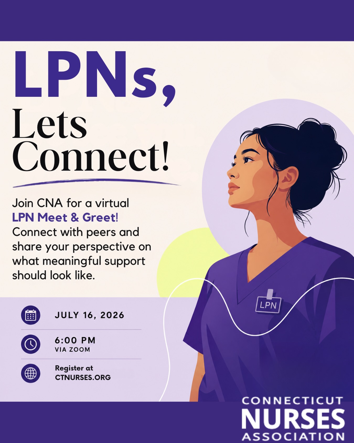 History was made and LPNs belong in it!!
@americannursesofficial has voted to welcome LPNs into membership, marking an important step forward for nursing representation and belonging.
And here in Connecticut, the CT Nurses Association has already been building that future.
For the past year, CNA has welcomed LPN members because we believe LPN voices matter in the future of nursing, advocacy, workforce solutions, and professional community.
While ANA works through the details of LPN membership, CNA wants to connect with you now.
Join us:
LPN Virtual Meet & Greet
š
July 16, 2026
š 6:00 PM
š» Via Zoom
Learn more: CTNurses.org
#LPN #LicensedPracticalNurse #ConnecticutNurses #CTNurses #NursingAdvocacy NursesBelongHere NursingLeadership NursingCommunity NurseAdvocacy