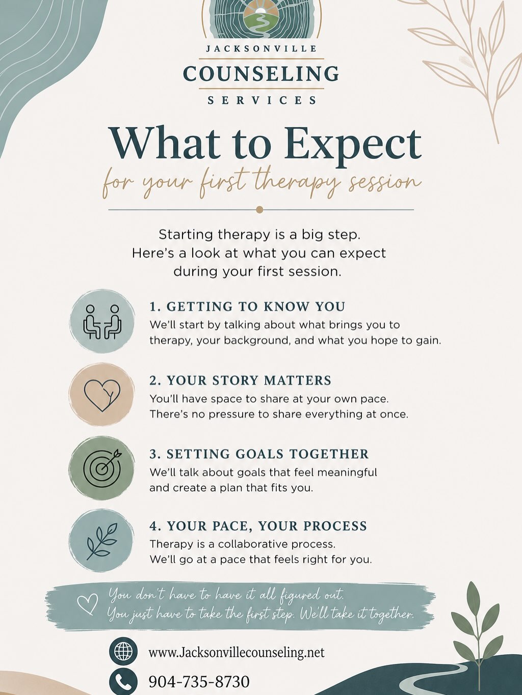 Healing doesn’t begin when you have it all figured out. It begins when you’re willing to take one small step.
If you’re ready to begin your journey, we’d be honored to walk alongside you.
📞 904-735-8730
🌿 www.jacksonvillecounseling.net