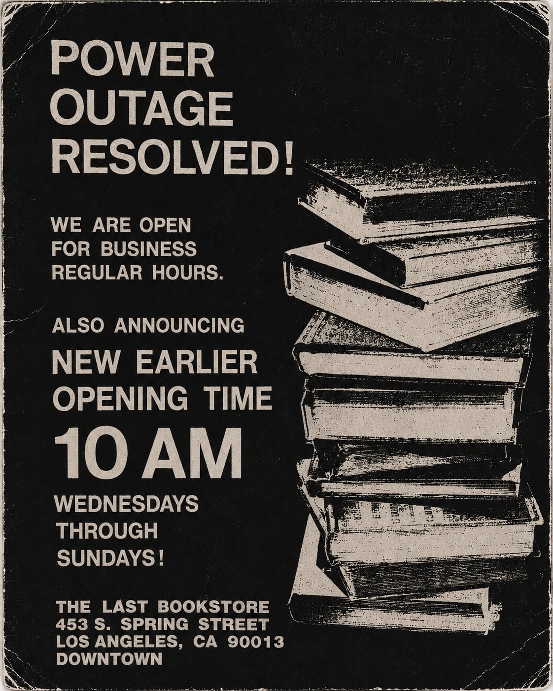 We got our power back on super late last night, so we’re back in business! Come shop and help us make up for two days of lost sales!
Also announcing that from now on, we will open at 10 AM Wednesdays through Sundays. Still opening at 11 AM Mondays and Tuesdays.