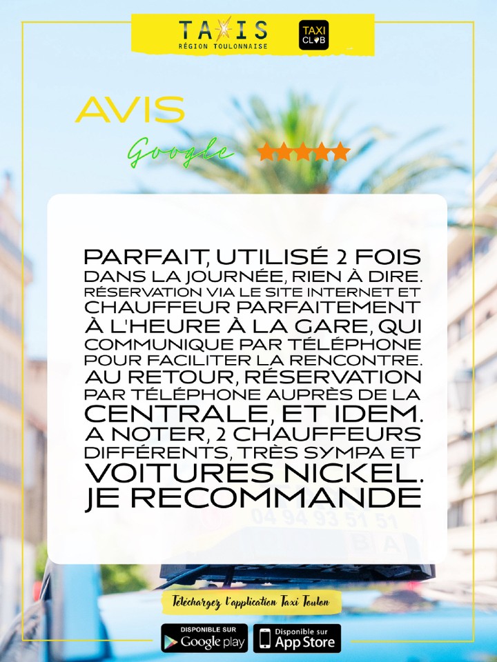 Vos retours sont précieux pour nous, merci 🙏💛🚕
📲 Réservez dès maintenant votre course en nous appelant ou via l'application Taxi Club (disponible sur le PlayStore et l'Apple Store).
🚕 Taxis de la région Toulonnaise
📞 04 94 93 51 51
💻 www.taxi-toulon.com
#taxi #taxitoulon #taxiclub #taxivarois