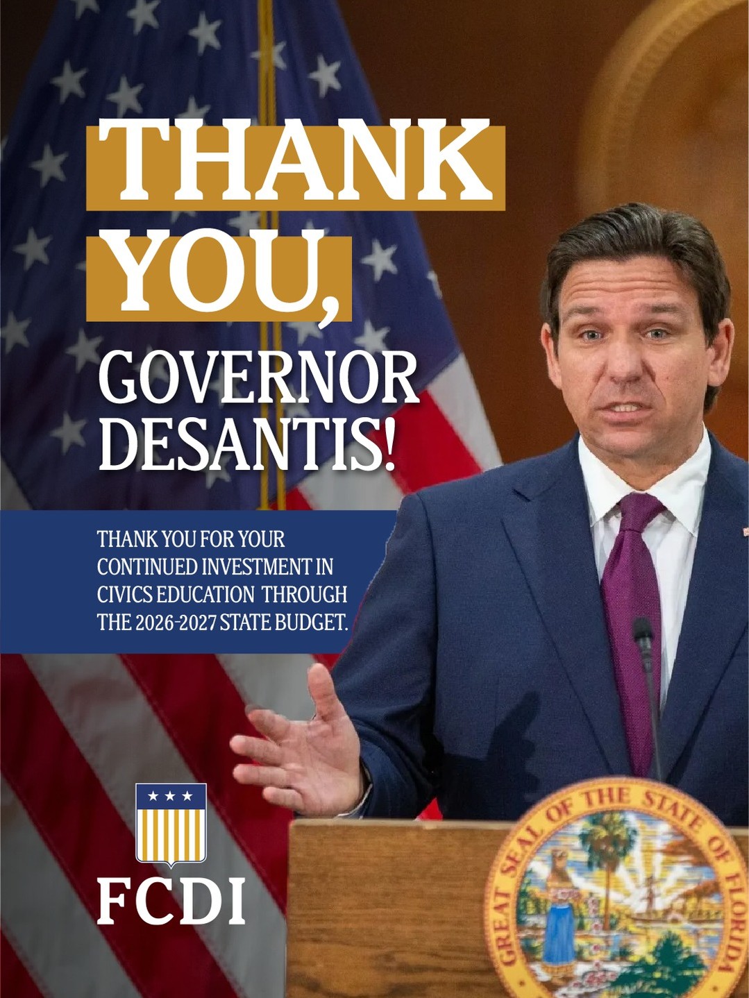 Florida continues to lead the way in civics education. Thank you, Governor DeSantis @flgovrondesantis, for your continued investment in civics, speech and debate education through the 2026-2027 Fiscal Year Budget.
Your commitment ensures that Florida's next generation of citizens understands the rights, responsibilities and values that make this nation great.
