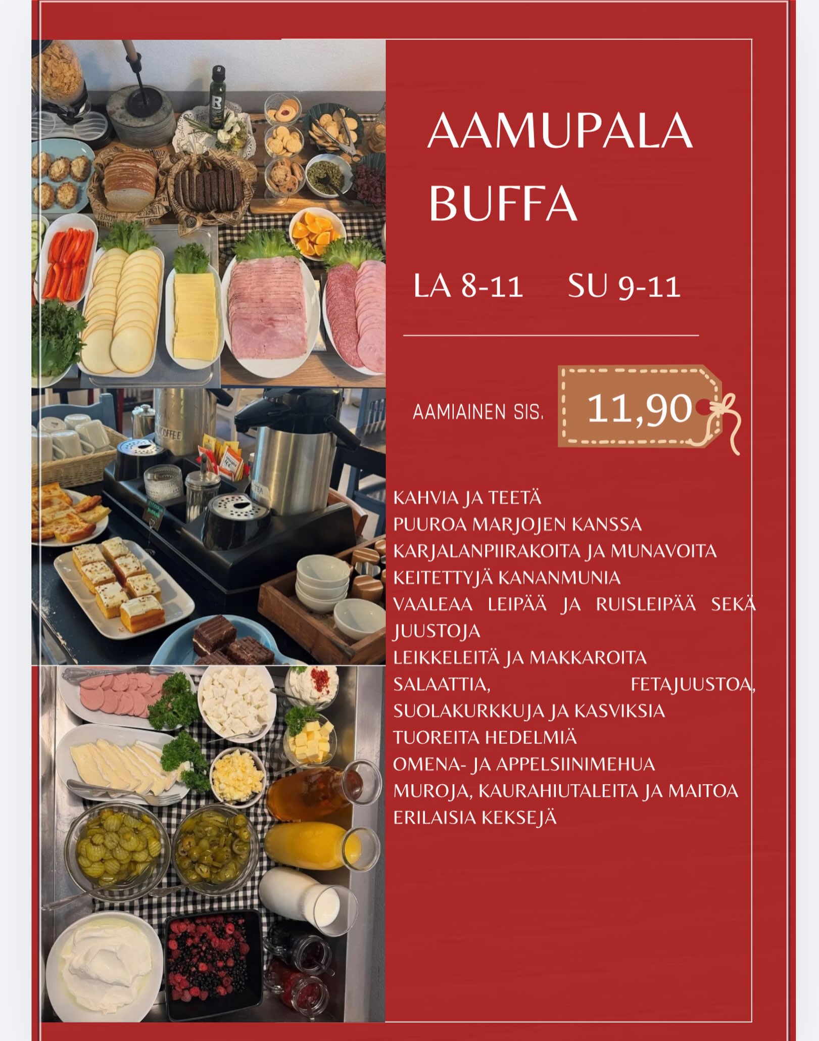 Aamupala Buffa - Lauantaista Sunnuntaihin 11,90e
📍Kuopion Rautatieasema
Meidän aamiainen sisältää:
☕ Laadukkaat kahvit ja teet
🍓 Puuroa marjoilla
🥟 Karjalanpiirakoita ja munavoita
🍳 Keitettyjä kananmunia
🍞 Vaaleaa ja ruisleipää + juustoja
🥩 Leikkeleitä ja makkaroita
🥗 Salaattia, fetaa, suolakurkkuja ja kasviksia
🍎 Tuoreita hedelmiä
🍊 Omena- ja appelsiinimehua
🥣 Muroja, kaurahiutaleita ja maitoa
🍪 Erilaisia keksejä
🍰 Makeita herkkuja, kakkuja ja pannukakkuja
Ei pöytävarauksia – tule sellaisena kuin olet ja nauti hyvästä aamusta! ✨