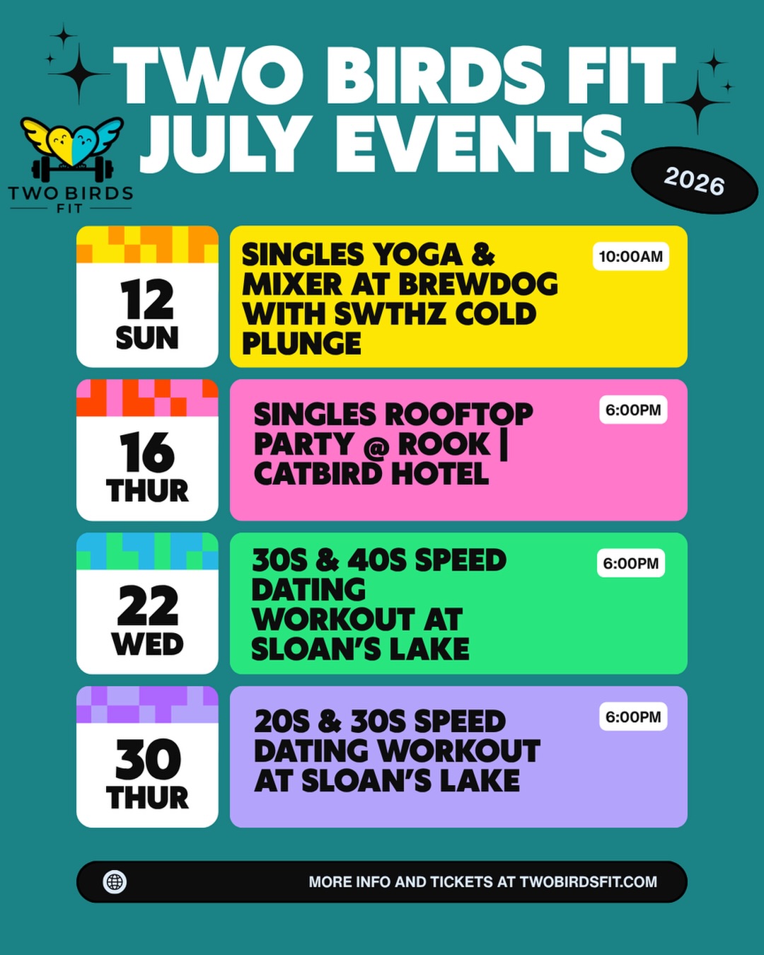 Your future partner probably isn’t hiding in your apartment. 👀 Neither are your future friends. 😉
July is full of ways to meet new people IRL. From rooftop parties and partner workouts to yoga, cold plunges, and mixers, every event is designed to make connection feel easy, natural, and actually fun.
✨ Start your Sunday with yoga, recovery, and mingling.
🌇 Watch the sunset from a rooftop party.
💪 Break the ice with our signature Speed Dating Workouts.
Flying solo? You’ll fit right in — most people come on their own. Which event are we seeing you at this month? 👇
🎟️ Tickets available through the link in our bio.
We also add new events regularly, so keep an eye on the website for the latest lineup.