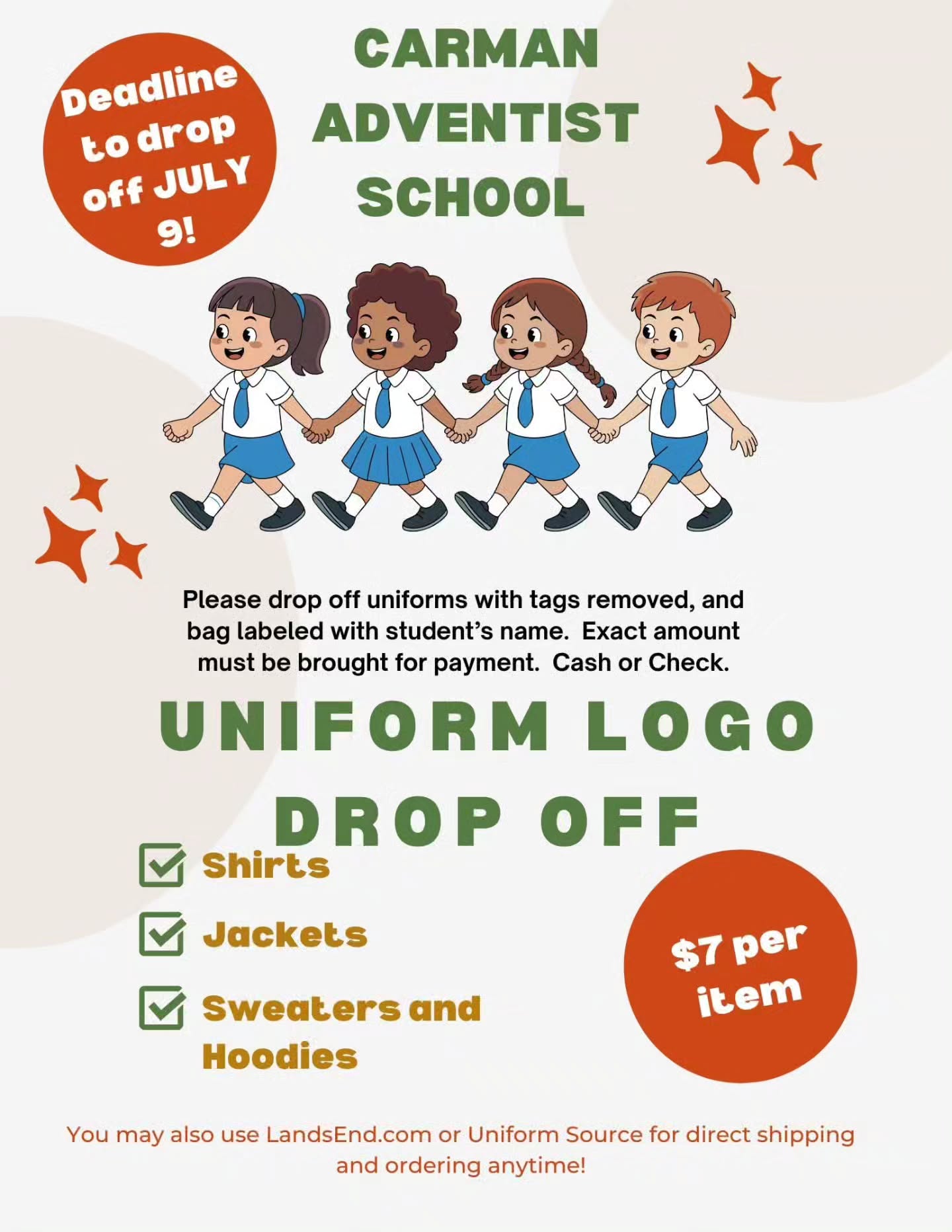 We are now accepting uniform shirts, sweaters, and jackets for logo application by @atlantacustomgraphics
$7 per item
Please bring EXACT cash (no change available in office) or check (made out to Atlanta Custom Graphics) to the school office now through July 9. Monday-Thursday 9am-3pm
Remove all tags and label bag clearly with name of student. Please include cash or check in an envelope inside or attached to the bag.