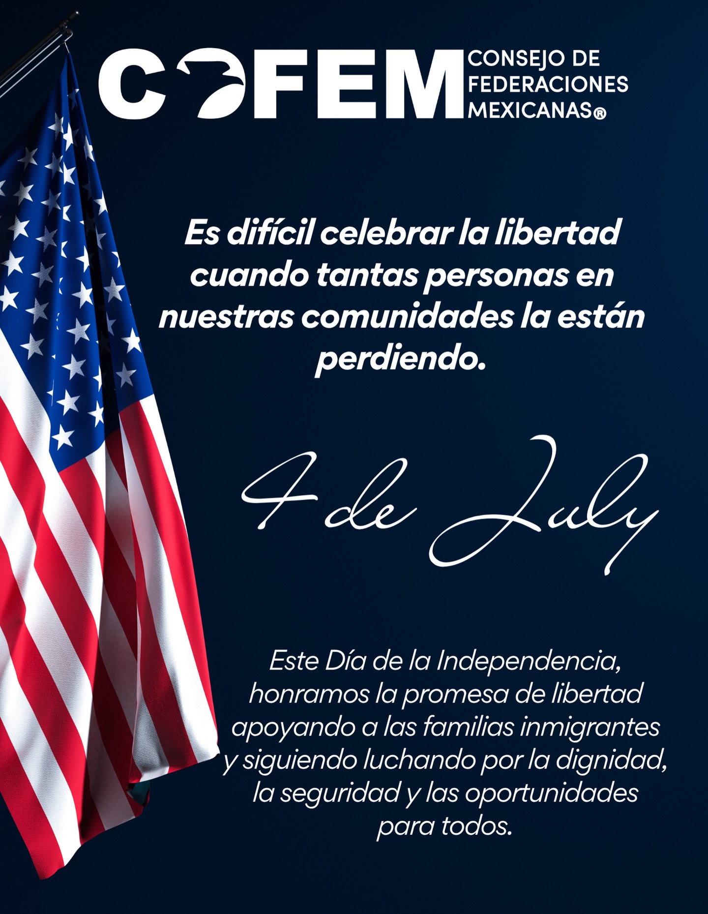 Este 4 de julio reflexionamos sobre el verdadero significado de la libertad.
Mientras muchas familias inmigrantes enfrentan incertidumbre, miedo y separación, reafirmamos nuestro compromiso de seguir acompañando, informando y defendiendo a nuestras comunidades.