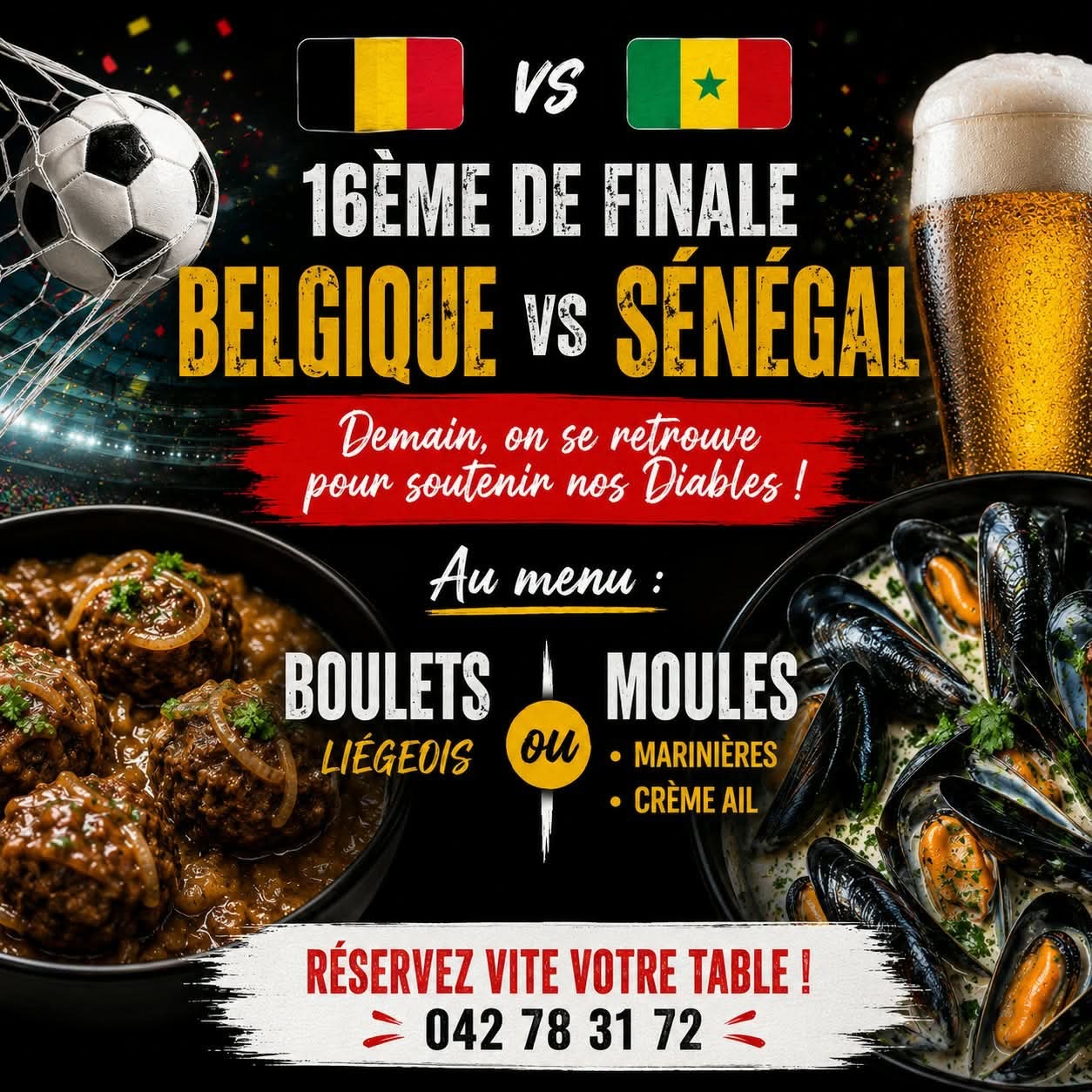 Demain, nos Diables Rouges jouent leur place pour la suite de la compétition… et ça se passe au Court 51 ! ⚽
📺 Retransmission du match sur grand écran dans une ambiance conviviale.
🍽️ Au menu :
🥘 Boulets liégeois maison
ou
🦪 Moules
• Marinières
• Crème à l’ail
Que vous veniez pour encourager les Diables, partager un bon repas entre amis ou profiter de l’ambiance, toute l’équipe vous attend pour une belle soirée de football !
📞 Réservation vivement conseillée : 042 78 31 72
🖤💛❤️