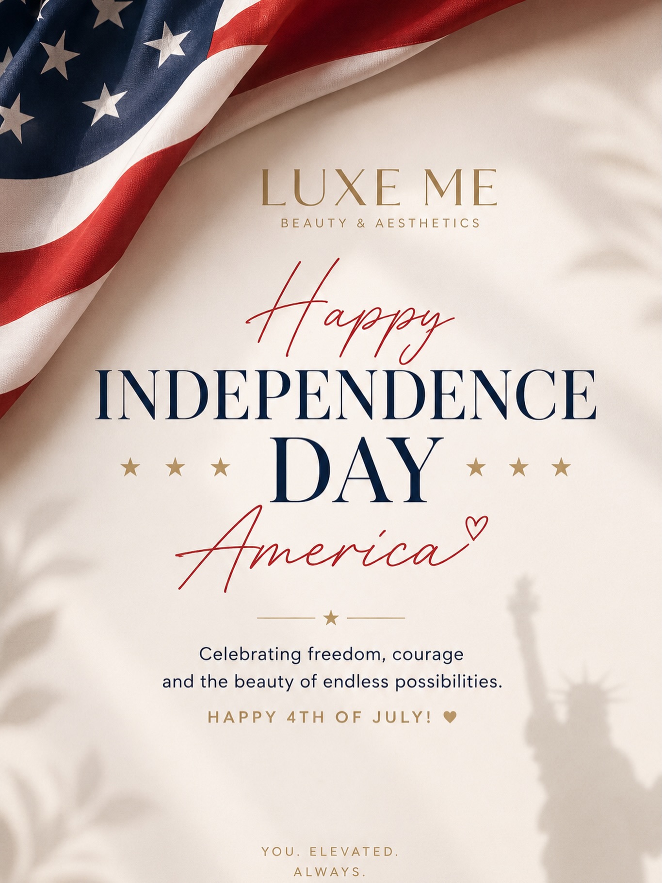 Today we celebrate freedom, courage, and endless possibilities.
Happy Independence Day, America! 🇺🇸
Wishing everyone a joyful 4th of July filled with happiness, gratitude, and unforgettable moments.
With love,
LUXE ME ✨