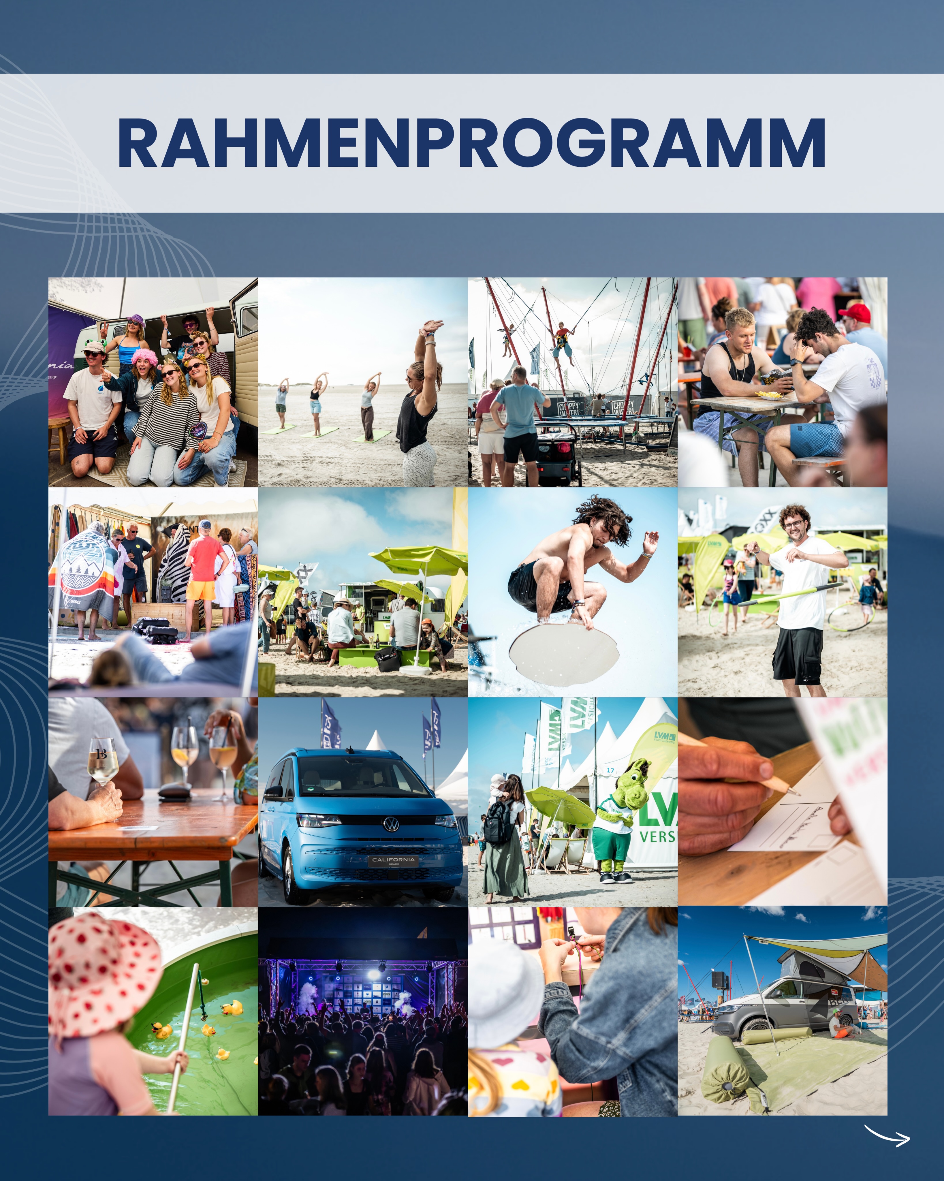 🎉 Rahmenprogramm beim California Windsurf Cup in @stpeterording 🌊
Bei uns gibt es nicht nur spektakulären Windsurfsport, sondern auch jede Menge zu erleben!
Freut euch auf:
💜 VWN-Area mit Fahrzeugausstellung, Fotobox, Armbänder basteln & Postkarten schreiben
💚 Die LVM Family World mit Entenangeln, Hula Hoop, Maskottchen Ferdi, Yoga und und und...
🛍️ Ausstellungsflächen von Sponsoren und Partner
🏄 Skimboardbahn
🚐 Vanlife-Ausstellung
🤸 Bungee-Trampolin
🍔 Leckeres Essen & erfrischende Drinks
🪩DJs
⚽️Public Viewing FIFA WM 2026
...und das ist noch längst nicht alles – kommt vorbei und entdeckt den California Windsurf Cup für die ganze Familie! 🌞🌊
📸 @danielpankoke
#windsurfing #stpeterording #urlaub #wasser sport