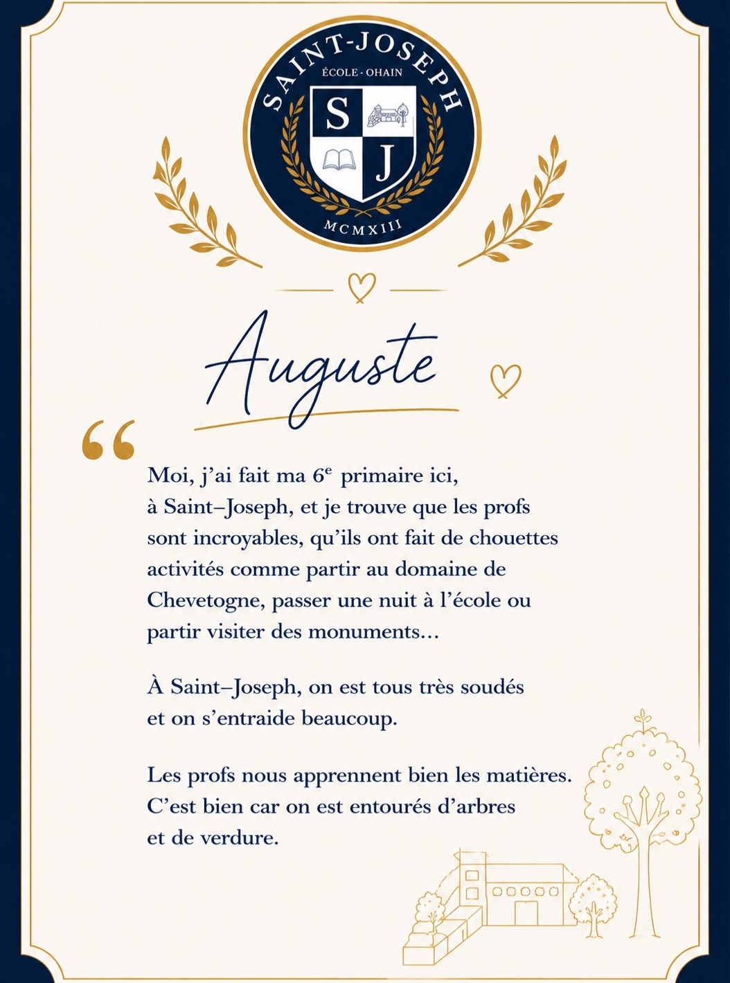 Nos élèves de P6 viennent de franchir une étape importante : le CEB.
Toutes nos félicitations à chacun d'entre eux ! Au-delà du résultat, c'est tout le chemin parcouru qui mérite d'être salué : les efforts, la persévérance, les doutes parfois, les réussites, les encouragements... et cette belle confiance acquise au fil des années.
Aujourd'hui, nous avons aussi envie de leur donner la parole.
Au travers de leurs témoignages, vous découvrirez leurs souvenirs, leurs émotions, les moments qui les ont marqués et ce qu'ils garderont de leur passage à Saint-Joseph.
Parce qu'un CEB est bien plus qu'un diplôme : c'est la fin d'un chapitre, celui de l'enfance à l'école primaire, et le début d'une nouvelle aventure.
À vous, chers élèves de P6, nous souhaitons le meilleur pour la suite. Continuez à être curieux, bienveillants, audacieux et fiers de ce que vous êtes devenus.
Et n'oubliez jamais : les portes de Saint-Joseph vous seront toujours ouvertes🥰.
Encore bravo à tous… et bonne route !
#témoignages #CEB #bonneroute #témoignagesdeleves #ecoleprimaire #ecolematernelle #viescolaire #ecolesaintjosephohain #ecolesaintjoseph #ecolestjosephohain #ecolestjoseph #ecoleohain #ecolelasne #ecolesdubrabantwallon #vivrealasne