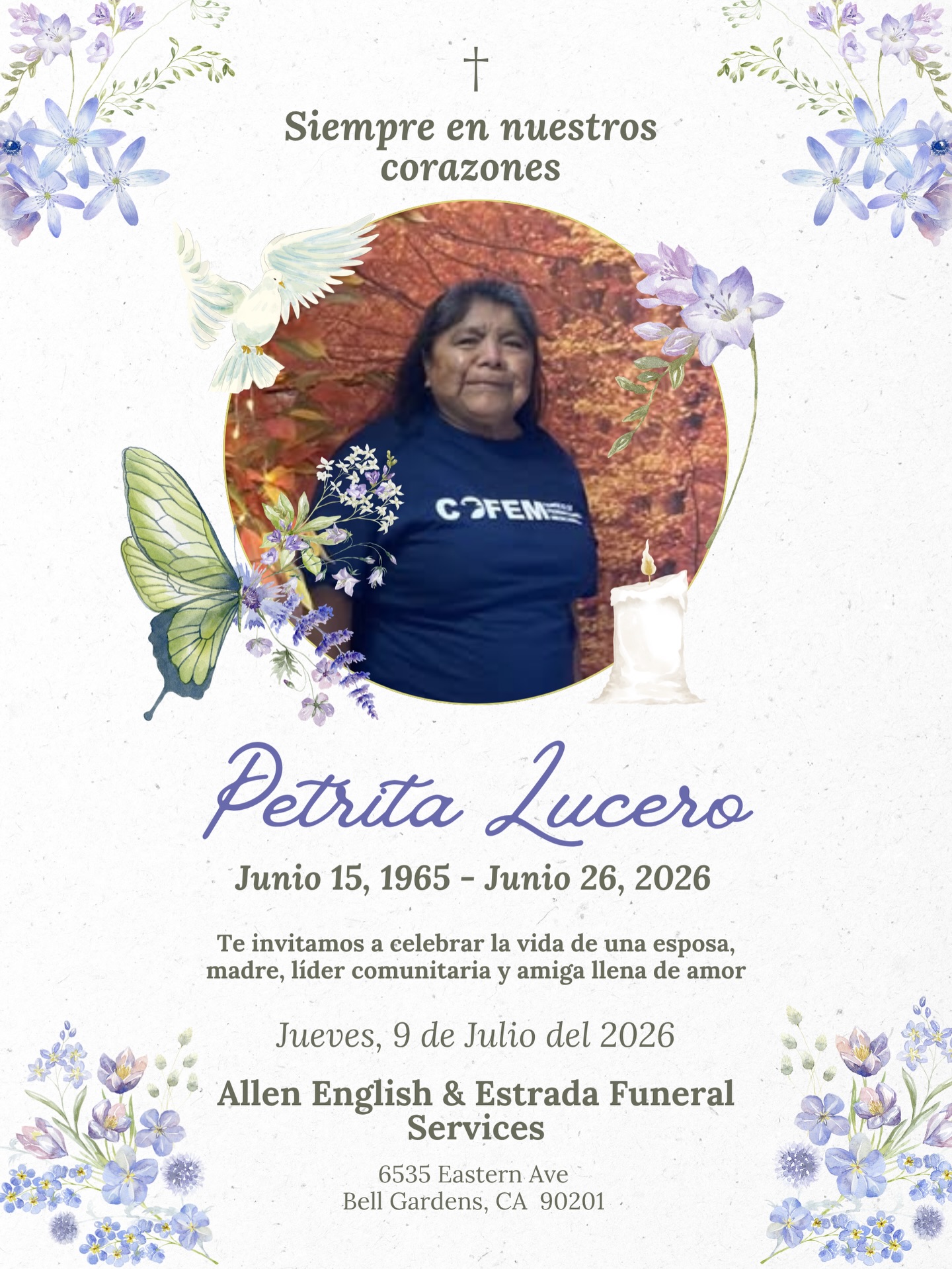 Con profundo cariño y respeto, invitamos a nuestra comunidad a acompañar a la familia de nuestra querida Petra Eustaquio de Lucero durante su velorio.
Petra dedicó su vida a servir y fortalecer a nuestra comunidad. Hoy nos unimos para honrar su memoria, agradecer su legado y despedirla con el amor y la solidaridad que siempre brindó a los demás.
🕊️ Velorio: Jueves 9 de julio
📍 Allen English & Estrada Funeral Services: 6535 Eastern Ave
Bell Gardens, CA 90201
Para quienes han preguntado cómo pueden apoyar a la familia durante este difícil momento, si desean hacer una contribución voluntaria, pueden enviar su apoyo por Zelle al (323) 926-5533.
Agradecemos a todas las personas que han acompañado a su familia con sus oraciones, mensajes y muestras de apoyo en estos momentos tan difíciles.
Que descanse en paz. Su legado vivirá siempre en nuestra comunidad.