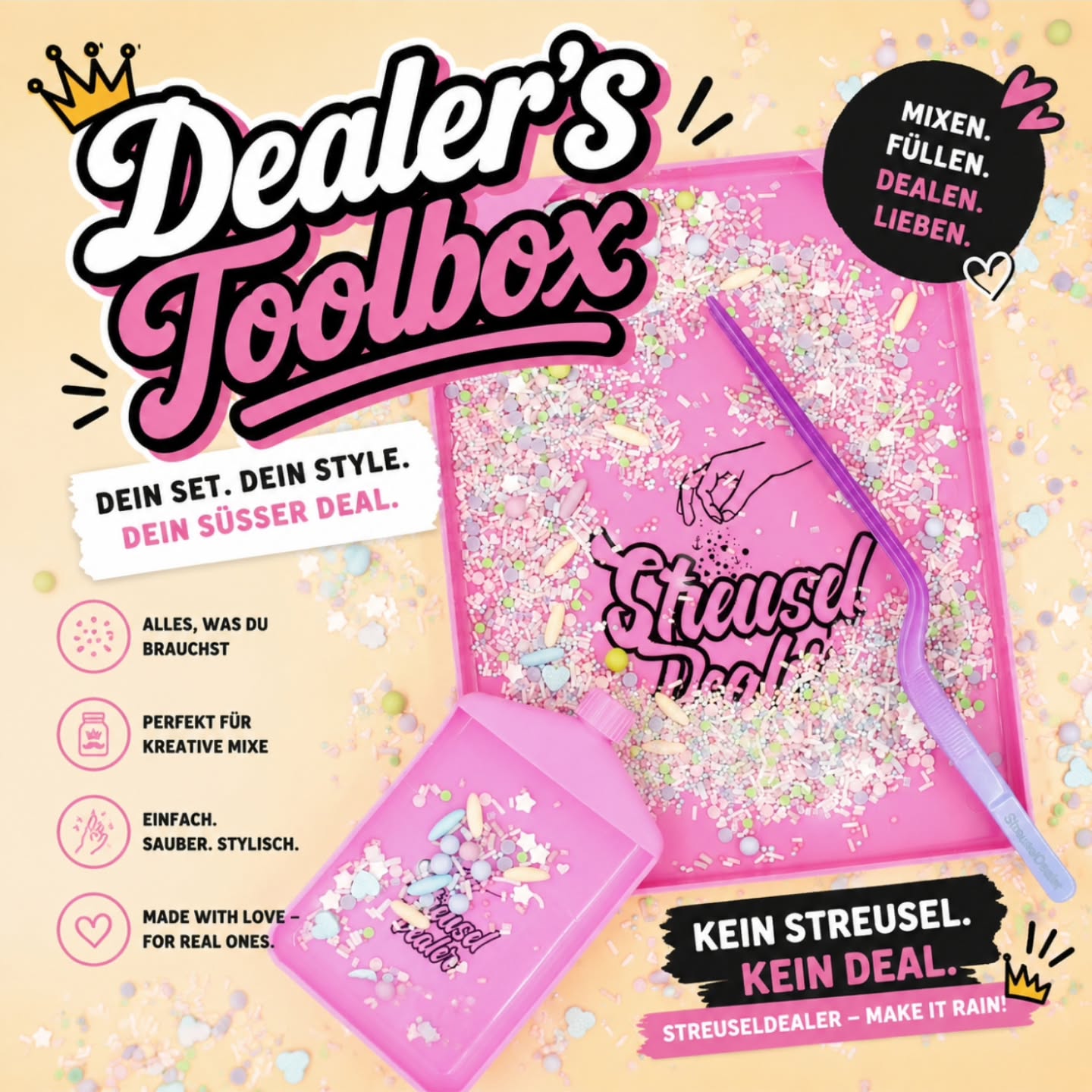✨ Dealer's Toolbox – Dein kreatives Upgrade! ✨
Mit unserer Dealer's Toolbox wird jedes Backprojekt zum Hingucker. 🎂💖 Ob Cupcakes, Donuts, Cakesicles oder Torten – mixe deine Lieblingsstreusel und verziere deine Kreationen ganz nach deinem Stil
💗 Mixen. Füllen. Dealen. Lieben. Denn eines ist sicher: Kein Streusel. Kein Deal. 🍩✨
👉 Zeig uns deine Kreationen und markiere uns – wir freuen uns auf eure süßesten Meisterwerke!
#StreuselDealer #DealersToolbox #Backliebe #StreuselLiebe #BakingInspiration