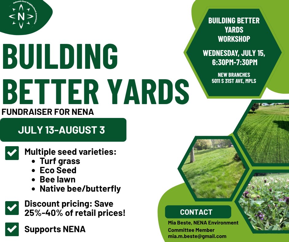 Our Building Better Yards seed fundraiser begins next Monday, July 13! Save 25%-40% on sustainable lawn seed options while supporting NENA at the same time.
Mark your calendars for a FREE workshop next Wednesday, 7/15. James Wolfin from @twincityseed will be sharing info on sustainable yard practices and products that support pollinators, save water and enhance outdoor space.
Fundraiser and workshop info, including registration link in our bio.