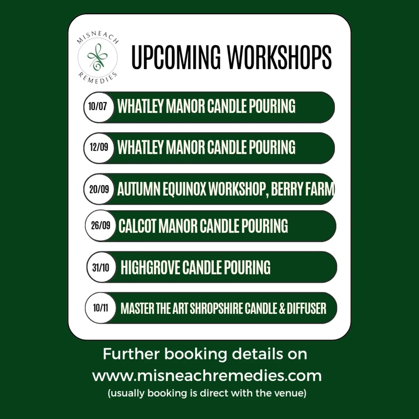 UPCOMING WORKSHOPS
Ready to get creative and learn a new skill? I’m so excited to share my lineup of upcoming workshops! Whether you want to pour your own custom luxury candle or celebrate the changing seasons, I have something special lined up for you. 🕯️✨
Spaces are limited, so grab your friends and book your spot early!
Here is what's coming up:
10/07 – Whatley Manor Candle Pouring 🏰
12/09 – Whatley Manor Candle Pouring ✨
20/09 – Autumn Equinox Workshop, Berry Farm 🌾
26/09 – Calcot Manor Candle Pouring 🌿
31/10 – Highgrove Candle Pouring 🎃
10/11 – Master the Art Shropshire Candle & Diffuser 🕯️
20/11 – Highgrove Candle Pouring ❄️
21/11 – Calcot Manor Candle Pouring 🕯️
27/11 – Whatley Manor Candle Pouring ✨
03/12 – Highgrove Candle Pouring 🎄
👉 How to book: Head over to my website at www.misneachremedies.com for full schedule details and booking links! Please note that bookings are usually made directly through the beautiful venues.
Feel free to DM me with any questions or if you want to book your private party or Christmas work event.
Le grá,
Jennie xxx
#MisneachRemedies #CandlePouring #CandleWorkshop #WellnessWorkshop #CotswoldsEvents Highgrove WhatleyManor CalcotManor DIYCandles CreativeWorkshops SupportLocalUK