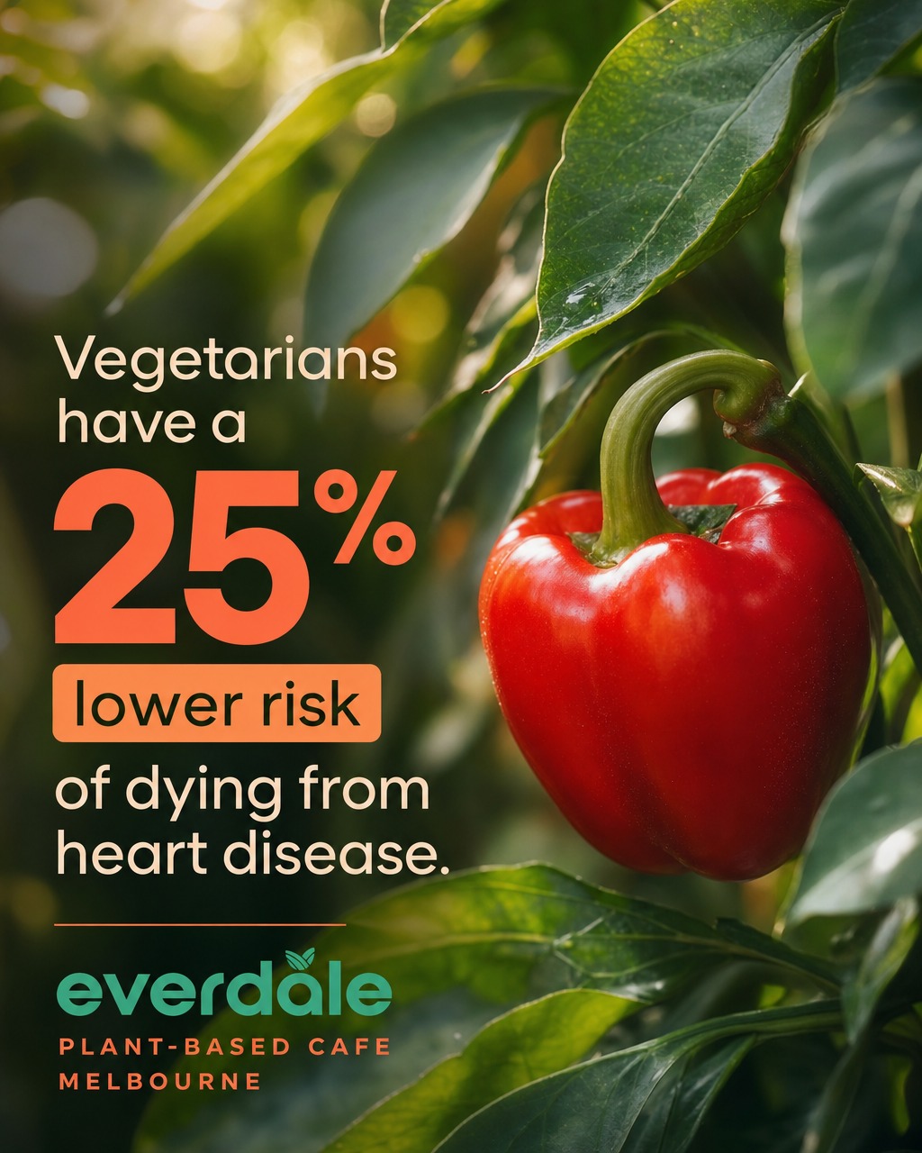 Did you know? Vegetarians have a 25% lower risk of dying from heart disease. Just one more reason to enjoy fresh, vibrant plant-based meals with us in Springvale 🌱❤️
Source: Dinu et al., Nutrition 2017
#Everdale #PlantBased #SpringvaleEats #VeganMelbourne #HeartHealthy #PlantBasedCafe #VeganLife
📍1a/830-850 Princes Hwy, Springvale, VIC 3171
🕒Mon: 11:30 AM–3 PM, 5–8.30 PM
🕒Tue: 11:30 AM–3 PM, 5–8.30 PM
🕒Wed: 11:30 AM–3 PM, 5–8.30 PM
🕒Thurs: 11:30 AM–3 PM, 5–8.30 PM
🕒Friday: CLOSED
🕒Saturday: CLOSED
🕒Sunday: 11:30 AM–3 PM, 5–8.30 PM