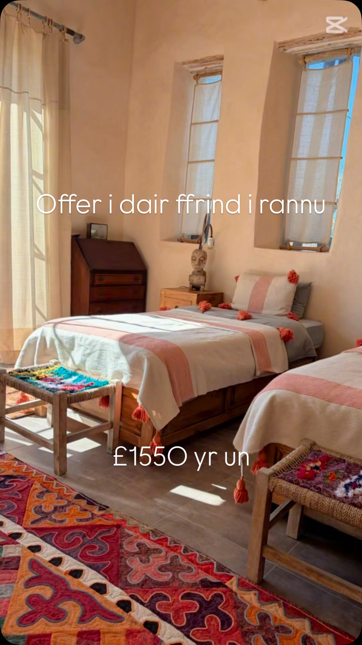 ✨ Ystafell Triple – Adain y Gogledd ✨
Yn newydd ar gyfer ein encil ioga ym Moroco ym mis Tachwedd, mae’r North Wing ar gael fel ystafell triple, yn berffaith i 3 ffrind sy’n teithio gyda’i gilydd.
£1,550 y person – yn cynnwys 4 noson yn Essaouira, 3 noson ym Marrakesh, llety, pob pryd bwyd, pob gweithgaredd, dosbarthiadau ioga a chludiant o’r maes awyr ac yn ôl.
Dim ond un ystafell triple sydd ar gael.
Mae’r manylion llawn a’r cynllun talu ar gael drwy’r dolenni isod. 🤍🇲🇦