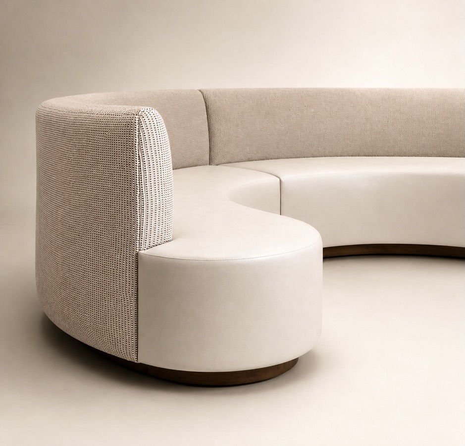 A sculptural curved banquette that blends clean lines with soft organic forms. Wrapped in contrasting textures and grounded by a warm wood base, it brings a sophisticated, modern presence to residential interiors.
Design Firm: @studiohdesign
#furniture #furnituredesign