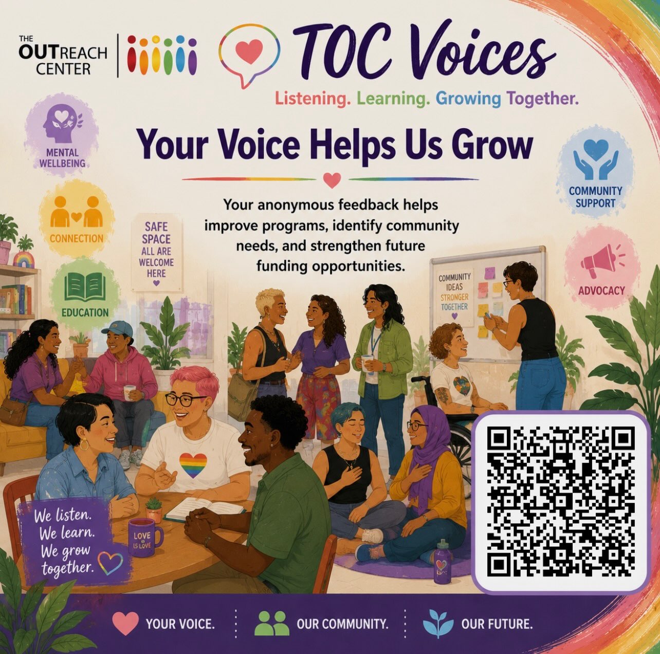 ๐ Your Voice Matters. Your Feedback Creates Change. ๐
At The OUTreach Center, weโre always working to create programs, events, and services that truly reflect the needs of our LGBTQ+ community and allies. But we canโt do it without you.
โจ By taking just a few minutes to complete our anonymous TOC Voices Survey, youโre helping us:
๐ Improve current programs and services
๐ Better understand the needs of our community
๐ค Strengthen funding opportunities that allow us to expand our impact
๐ฃ Ensure every voice is heard
Whether youโve attended one event or have been part of our community for years, your experiences and feedback matter.
๐ฑ Simply scan the QR code on this post and share your thoughts. Every response helps us build a stronger, more inclusive future for everyone.
Because when we listen, we learn. And when we learn, we grow together. โค๏ธ๐งก๐๐๐๐