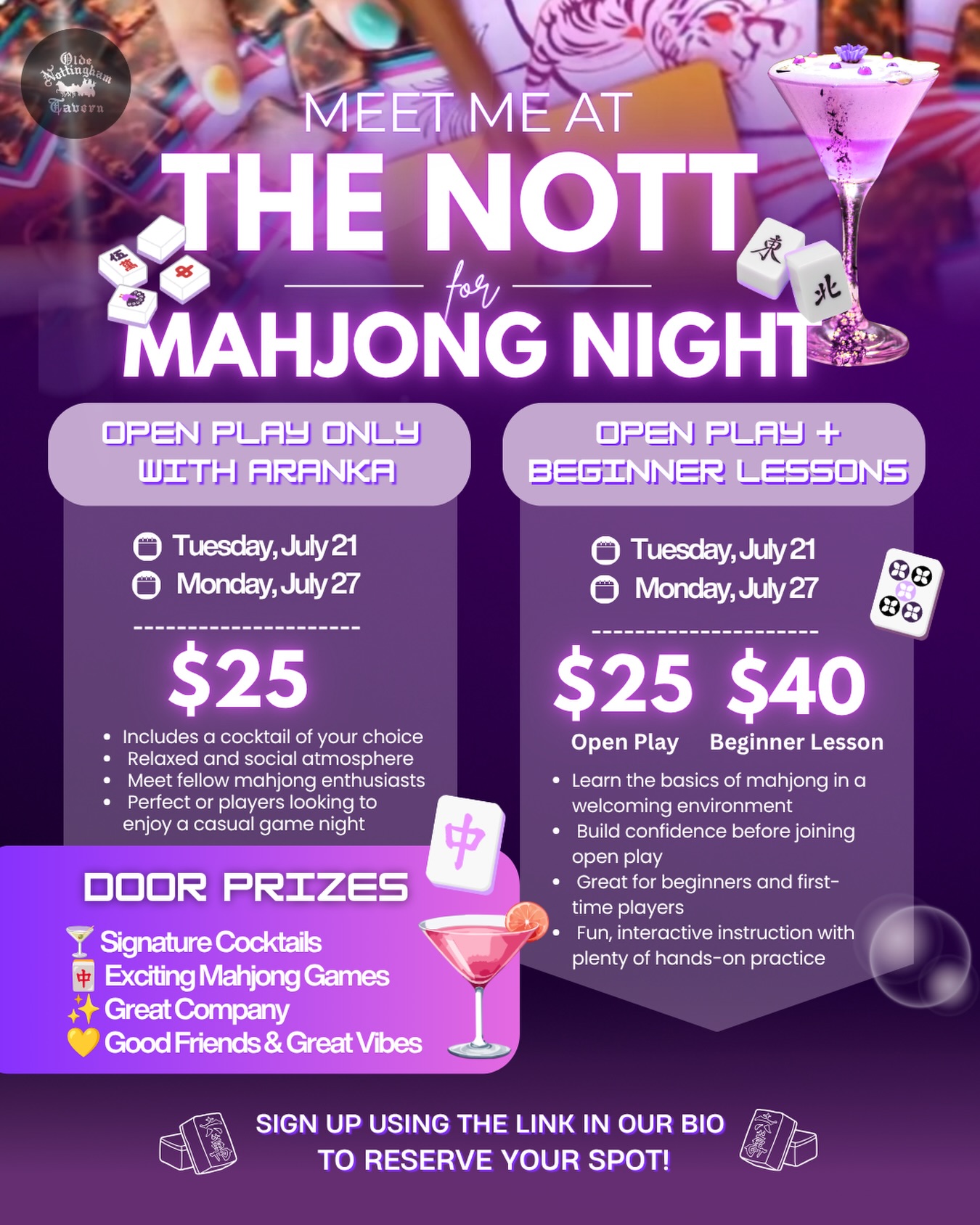 Mahjong night at the Nott is officially a thing 🀄🍸
Whether you already know how to play or you’ve been wanting to learn, this is your sign to grab your friends and reserve your spot.
Open play, beginner lessons, signature cocktails, door prizes, and a fun night out in our pavilion.
$25 open play includes a cocktail of your choice
$40 beginner lesson for new players
Spots are limited, so don’t wait.
Sign up using the link in our bio and Maj me at the Nott.