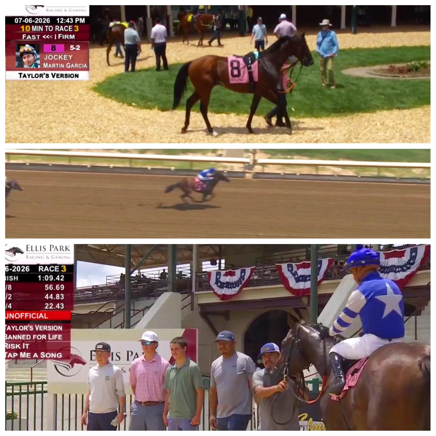 WINNER! Taylor’s Version decided to celebrate Taylor Swift and Travis Kelce’s wedding in fashion by winning his race today! Congratulations owner @albaughfamilystables Martin Garcia aboard. 🏆 #taylorsversion