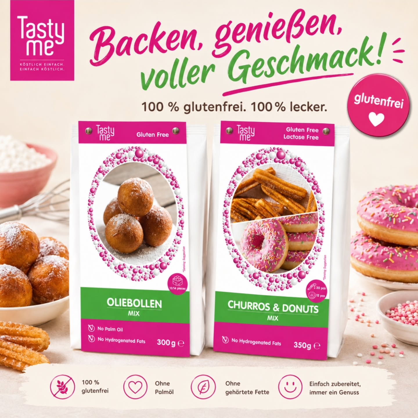 ✨ Glutenfrei genießen war noch nie so lecker! 💕
Mit den Tastyme Backmischungen zauberst du im Handumdrehen knusprige Churros, fluffige Donuts oder traditionelle Oliebollen – ganz ohne Gluten.
Perfekt für gemütliche Backmomente mit Familie und Freunden. 🍩✨
👉 Einfach anrühren, ausbacken und genießen!
#StreuselDealer #glutenfrei #backenmachtglücklich #foodlove #tastyme