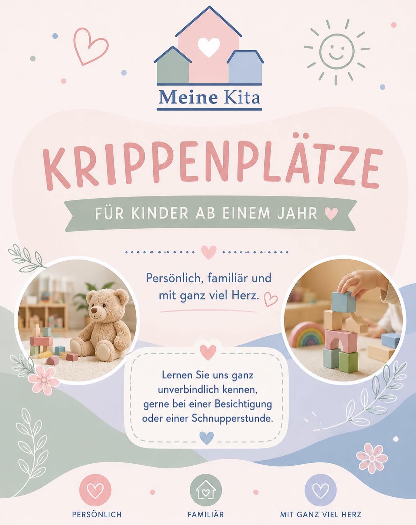 Krippenplätze ab 1 Jahr! 🌸
Sie suchen einen liebevollen Betreuungsplatz für Ihr Kind? 💕
Bei Meine Kita begleiten wir Kinder persönlich, familiär und mit ganz viel Herz.
Gerne laden wir Sie und Ihr Kind zu einer unverbindlichen Schnupperstunde oder einer Besichtigung in einer unserer Einrichtungen ein. Lernen Sie unser Team und unsere Einrichtung ganz in Ruhe kennen.
📩 Wir freuen uns auf Ihre Nachricht!