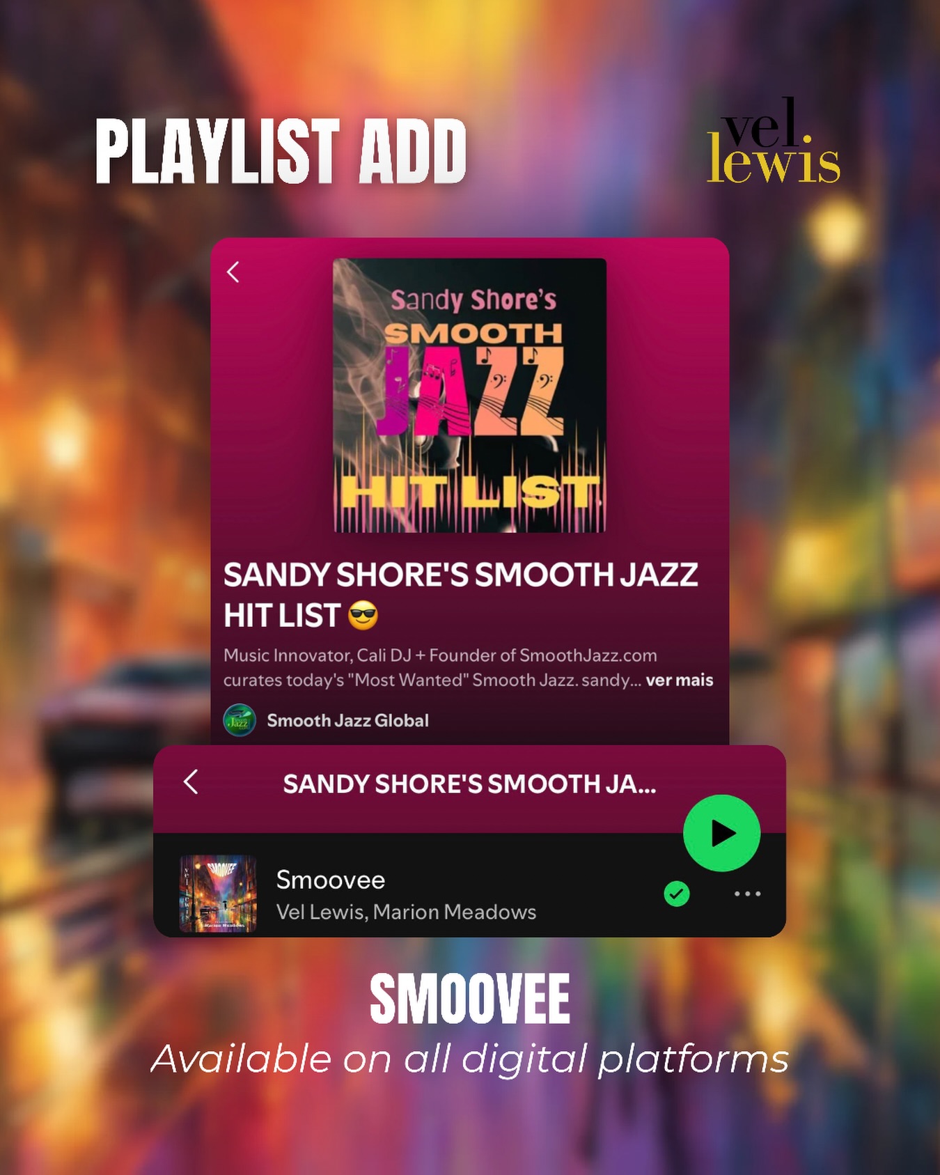 Honored to see Smoovee featured on Sandy Shore’s Smooth Jazz Hit List, a playlist curated by the founder of SmoothJazz.com with the most requested smooth jazz songs. Thank you for the support!
Add Smoovee to your own playlists and keep streaming it on all digital platforms.
Follow Vel Lewis Music for more!
#VelLewisMusic #Smoovee #jazz #hammondorgan #hamfam