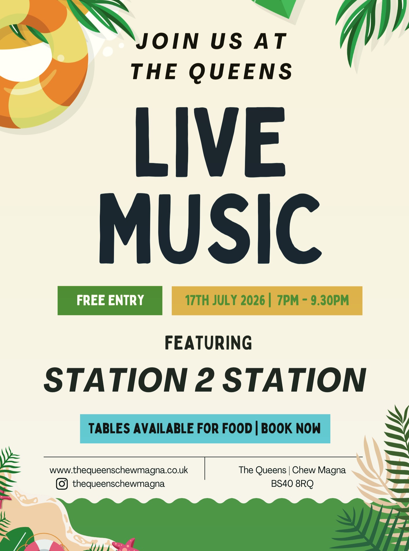 We're welcoming Station 2 Station for an evening packed with classic hits, great food and your favourite drinks in our beautiful beer garden.
✨ Free Entry
🍔 Food served all evening
🍻 Fully stocked bar
🕖 Friday 17th July | 7pm–9:30pm
📲 Tag the people you'd bring and book your table before they're all gone!
#LiveMusic #ChewMagna #TheQueens #BeerGarden #SummerNights #LiveEntertainment #SupportLocal #PubLife #NorthSomerset