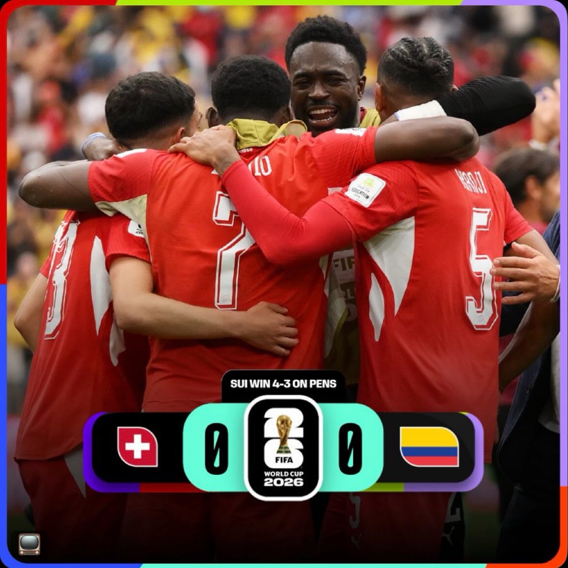 #SWITZERLAND ADVANCES! After 120 scoreless minutes, the Swiss hold their nerve to beat #Colombia 4-3 on penalties in Vancouver! Gregor Kobel’s heroics set up a massive Quarterfinal showdown against Argentina in Kansas City this Saturday!
#WorldCup #SUIvCOL
Image: X: @ FIFAWorldCup