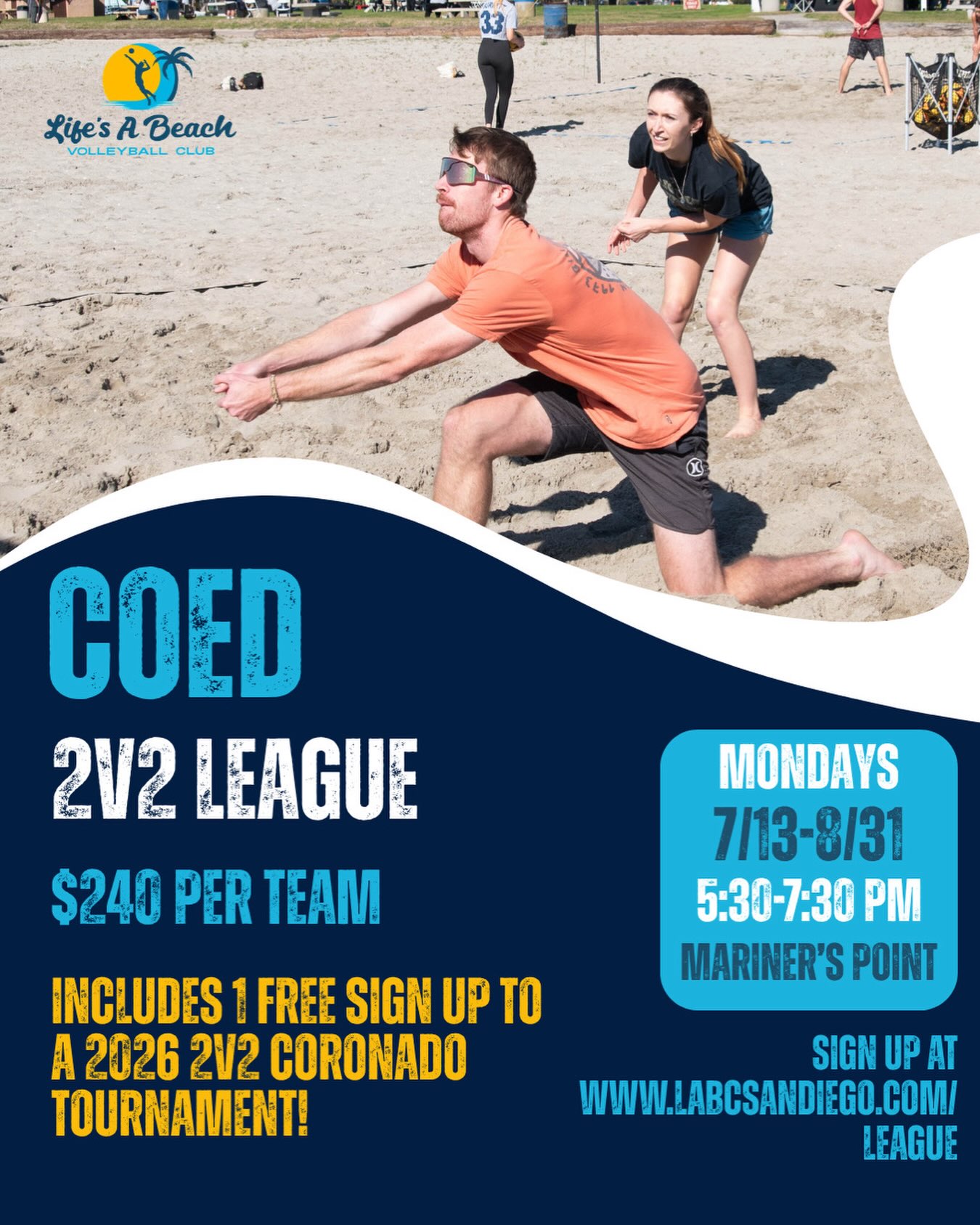 2v2 ballers, want to play in an 8 week 2v2 league AND get a free entry at one of our 2026 Coronado 2v2 tournaments? Sign up for our Coed 2v2 league starting THIS MONDAY! With a team sign up, your team gets 1 free entry into a 2026 Coronado 2v2 tournament (we do 1 per month) as long as there is space in the tournament. This must also be used by a member of your team and cannot be transferred to anyone else.
$240/team every Monday from 5:30-7:30pm at Mariner’s Point Park. 7 weeks of league play then last week is playoffs! Sign up by clicking the link in our bio or going to www.labcsandiego.com/league before spots fill up.
#sandiegothings #sandiegothingstodo #thingstodosandiego
