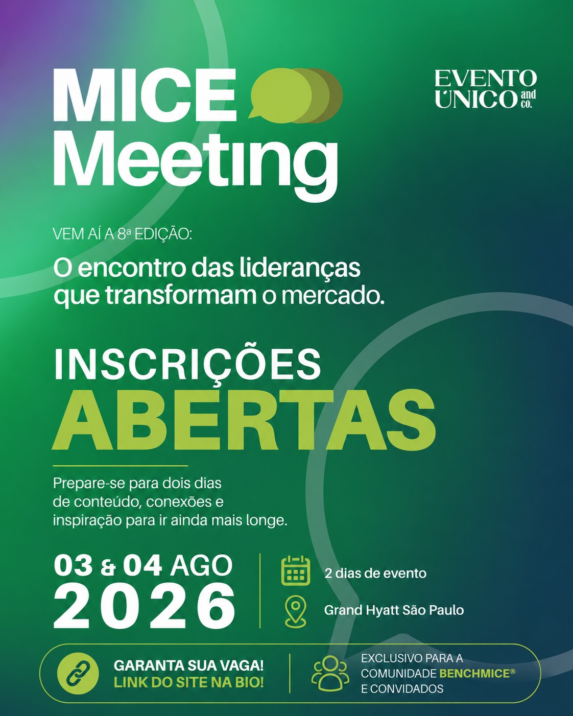 As inscrições estão abertas! 🚀
Exclusivo para a Comunidade BenchMICE® e convidados. Garanta sua participação no encontro das lideranças que transformam o mercado.
💚 Link na bio. Esperamos você no MICE Meeting 2026.
🔗 Link na bio.
Mantenedores
@xrlivemkt
@somosgrupor1
@tescenografiaoficial
@marriottintl
@shiftmobilidade
@grandhyattsp
@clubmed
@malaimansoresort
@inteegratec
@resorts.brasil
@galhardoscorporate
@oricasting
@soapbrasil
@brind.eaux
@msccruzeirosbrasil
@wtceventscenter
@primegeradores
@attagastronomia
@theforest.camboriu
@chubbbrasil
@eventsegoficial
#MICEMeeting #MICEMeeting2026 #BenchMICE #EventoÚnico #LiderançasMICE #MercadoMICE #EventosCorporativos #Networking #ConhecimentoQueTransforma #PeopleAndBusiness