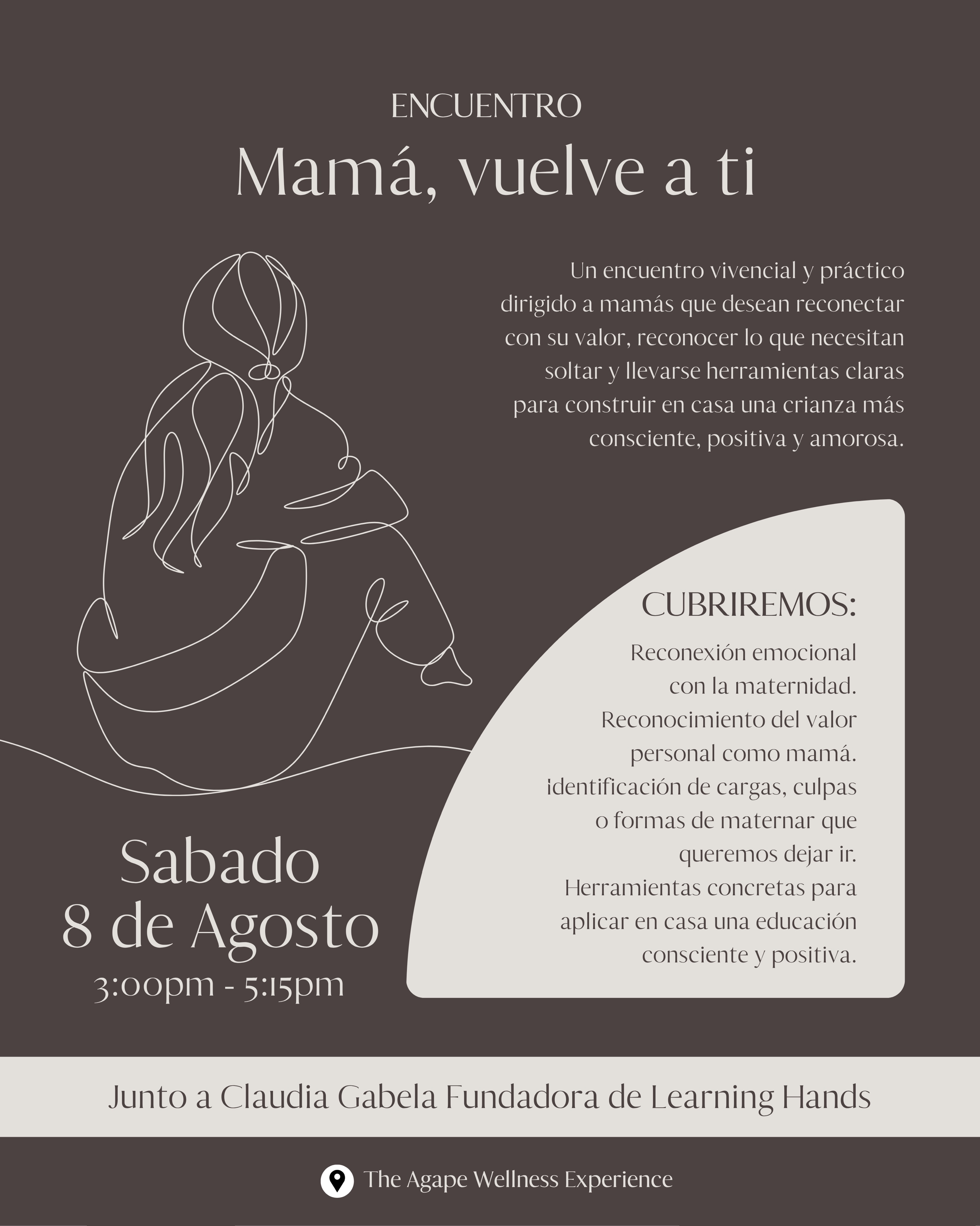 ENCUENTRO - MAMÁ VUELVE A TI ✨
Estamos emocionadas de anunciar que tendremos un evento especial para mamis junto a Claudia Gabela fundadora de @learninghands.bo este será un encuentro vivencial y práctico dirigido a mamás que desean reconectar con su valor, reconocer lo que necesitan soltar y llevarse herramientas claras para construir en casa una crianza más consciente, positiva y amorosa.
DURANTE EL TALLER TRABAJAREMOS:
✨Reconexión emocional con la maternidad.
✨Reconocimiento del valor personal como mamá.
✨Identificación de cargas, culpas o formas de maternar que queremos dejar ir.
✨Herramientas concretas para aplicar en casa una educación consciente y positiva.