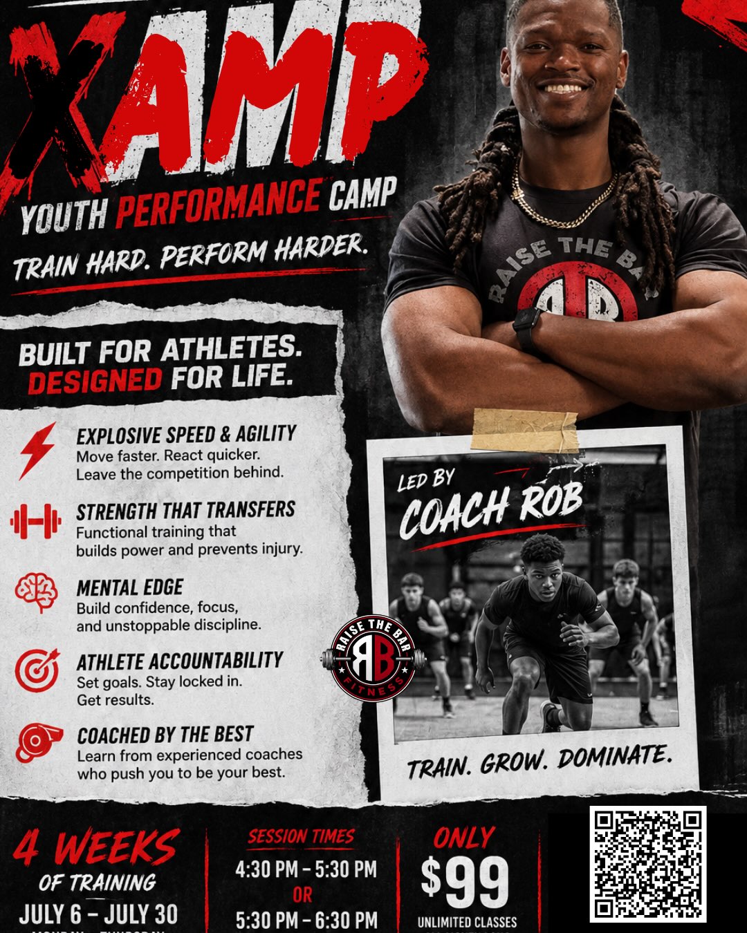 TODAY’S THE DAY. 💥
The first XAMP session kicks off TODAY and your athlete still has time to join.
Over the next 4 weeks they’ll build:
🔥 Speed & Agility
💪 Strength
🧠 Mental Toughness
🏆 Confidence
Led by Coach Rob, XAMP is designed to help young athletes become stronger both on and off the field.
✅ FREE XAMP Training Shirt with registration
✅ Only $99 for unlimited training all month
Don’t let your athlete hear about it from everyone else tomorrow.
Register before today’s first session. Spots are filling fast.
📍 Raise the Bar Fitness
