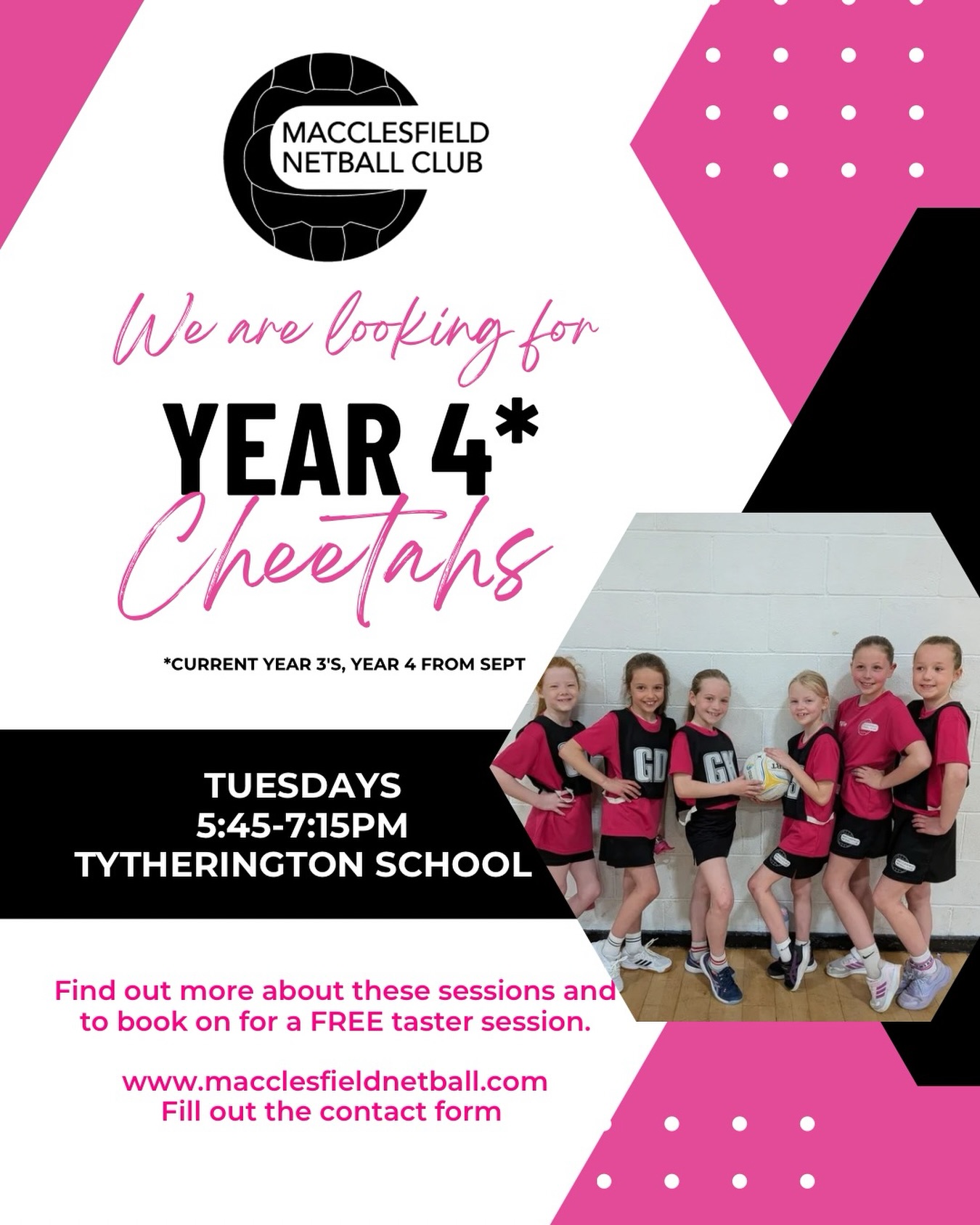 Calling all current Year 3 superstars — your next netball adventure starts here!
Join our Year 4 Cheetahs this September and become part of the MNC family 🐆💖
You’ll train for the Stockport Ball Hall League, enjoy tournaments, and develop your skills through performance coaching, fun drills, and supportive 1‑1 sessions.
We’d love to welcome you for a FREE taster session (limited spaces).
Pop over to our website and enquire today: www.macclesfieldnetball.com
#netball #macclesfield #cheshire #club
@kingsschool_mac @adlingtonprimary @meadowbankprimaryschool @theryleys @mobberleyprimaryschool @ladybarn_houseschool @terranovaschool @the_quinta_primary_school_ @gorseybankprimary @pownallschool @wilmslowpreparatoryschool