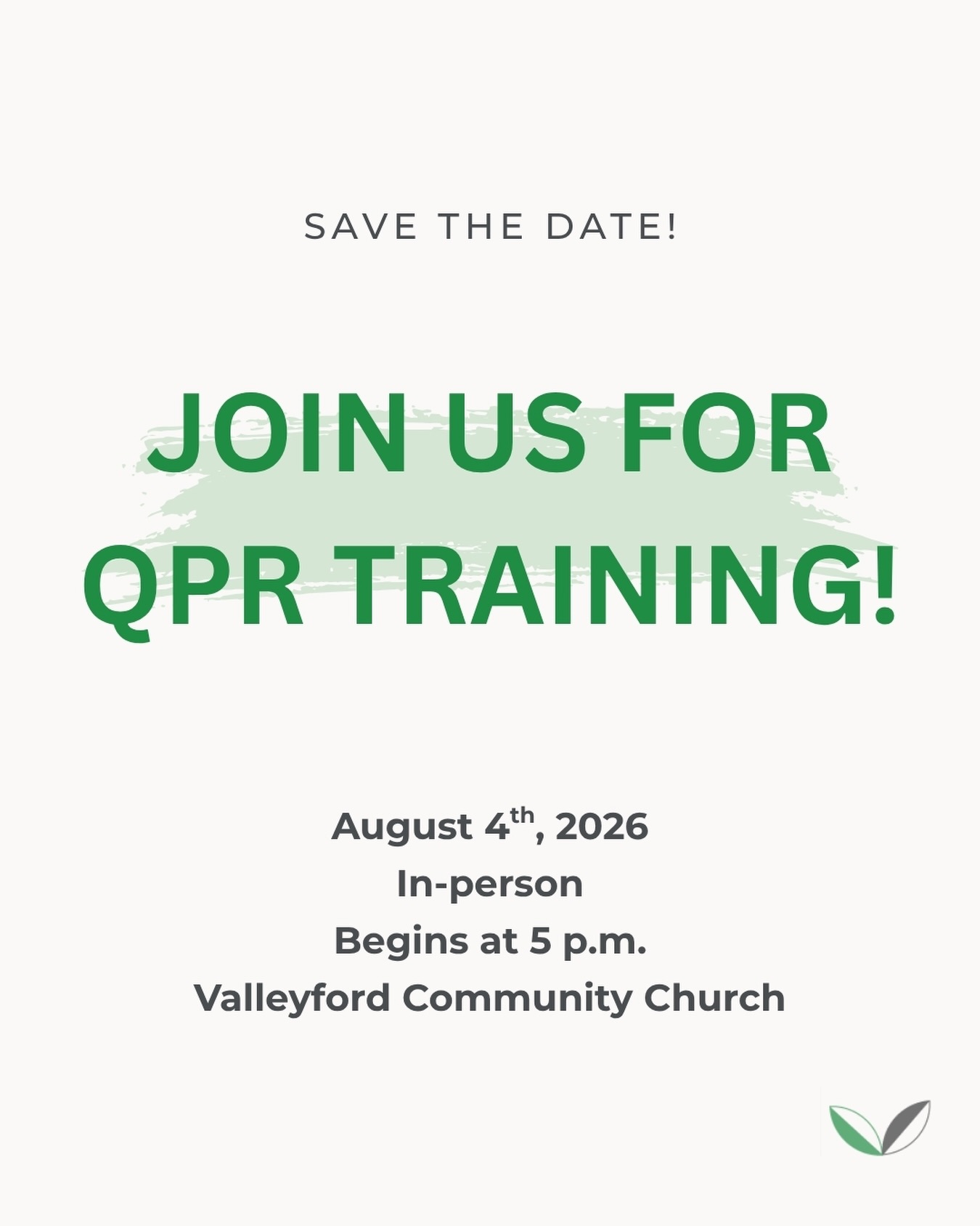 📅 Save the date!
QPR (Question, Persuade, Refer) is a suicide prevention training that equips people with the skills to recognize someone who may be struggling, start a supportive conversation, and connect them with the help they need.
Whether you’re a parent, teacher, coach, coworker, friend, or neighbor, these are skills that can make a difference.
🗓 August 4, 2026
🕔 5:00 p.m.
📍 Valleyford Community Church
Registration isn’t open just yet, but it will be soon! Keep an eye on our page—we’ll share all the details when it’s time to sign up. 💚
#qprtraining #mentalhealthawareness #mentalhealthmatters #spokanecommunity