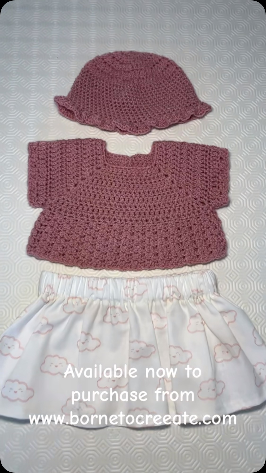 Crochet Pale Rose Cropped Top with matching Clouds pattern Bambino Skirt. #crochet #crochetbabyclothes #babyshower #babywear #craft