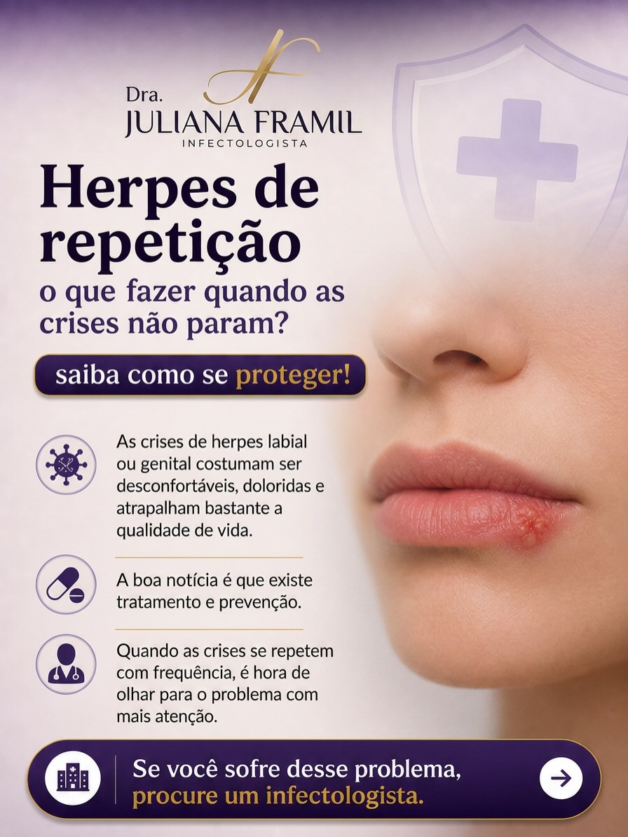 Quem já teve herpes sabe como os episódios podem ser desconfortáveis. Ardência, coceira, formigamento e o surgimento das lesões costumam causar dor, incômodo estético e até impactar a autoestima e a rotina do dia a dia.
Embora seja comum, a herpes recorrente não deve ser ignorada. A frequência das crises varia de pessoa para pessoa e, em alguns casos, pode ser necessário avaliar estratégias para reduzir os episódios e melhorar a qualidade de vida.
⚠️ Se você sofre com herpes de repetição, procure um infectologista. O acompanhamento especializado ajuda a esclarecer dúvidas, identificar possíveis gatilhos e indicar o tratamento mais adequado para o seu caso.
Dra Juliana Framil
CRM 151988
📍 Inspire clínica @in.spireclinica
Rua Joaquim Floriano, 1052. Cj 22. Itaim Bibi.
São Paulo-SP
📲 (11)93388-8689
#herpes #saúde #qualidadedevida #prevenção #cuidadocomasaúde